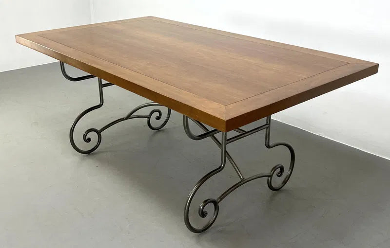 FRENCH BAKER’S STYLE DINING TABLE WITH DECORATIVE STEEL BASE