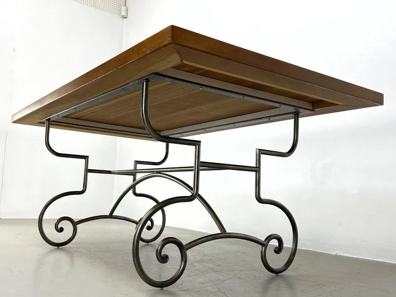 FRENCH BAKER’S STYLE DINING TABLE WITH DECORATIVE STEEL BASE