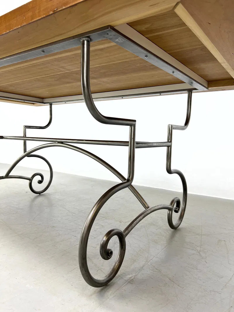 FRENCH BAKER’S STYLE DINING TABLE WITH DECORATIVE STEEL BASE