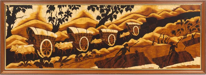 PASTORAL SCENE WITH OXCARTS AND RAFTS BY UNKNOWN BATIK ARTIST