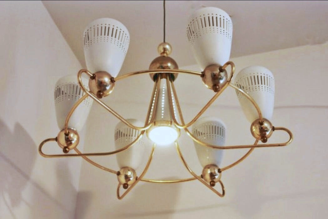 6-ARM BRASS CHANDELIER ATTRIB. TO PAAVO TYNELL - FINLAND