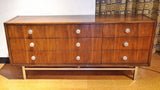 LOW WALNUT NINE-DRAWER DRESSER WITH LUCITE PULLS AND CHROME BASE