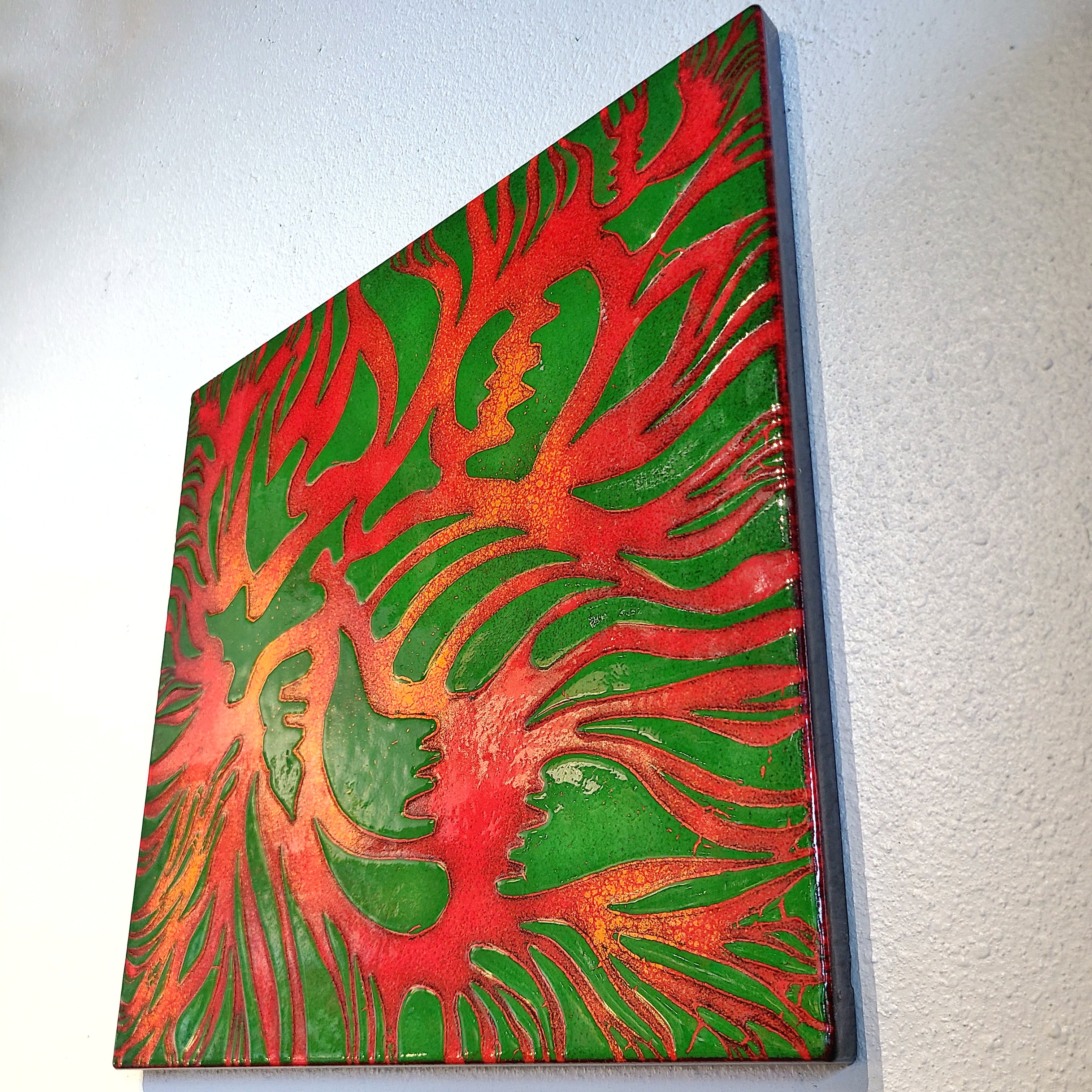 SQUARE ABSTRACT WEST GERMAN ENAMELLED METAL ‘FLAME’ WALL-HANGING