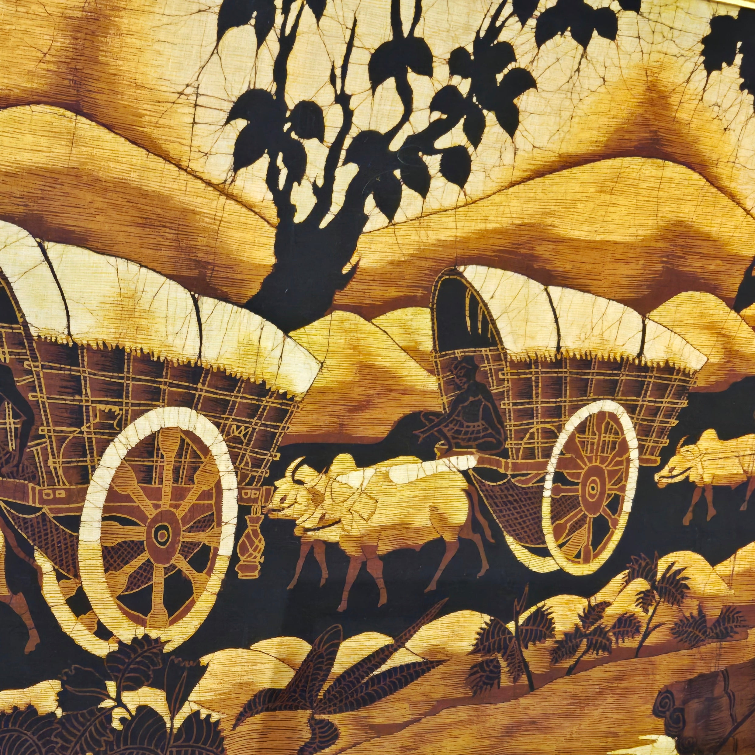 PASTORAL SCENE WITH OXCARTS AND RAFTS BY UNKNOWN BATIK ARTIST