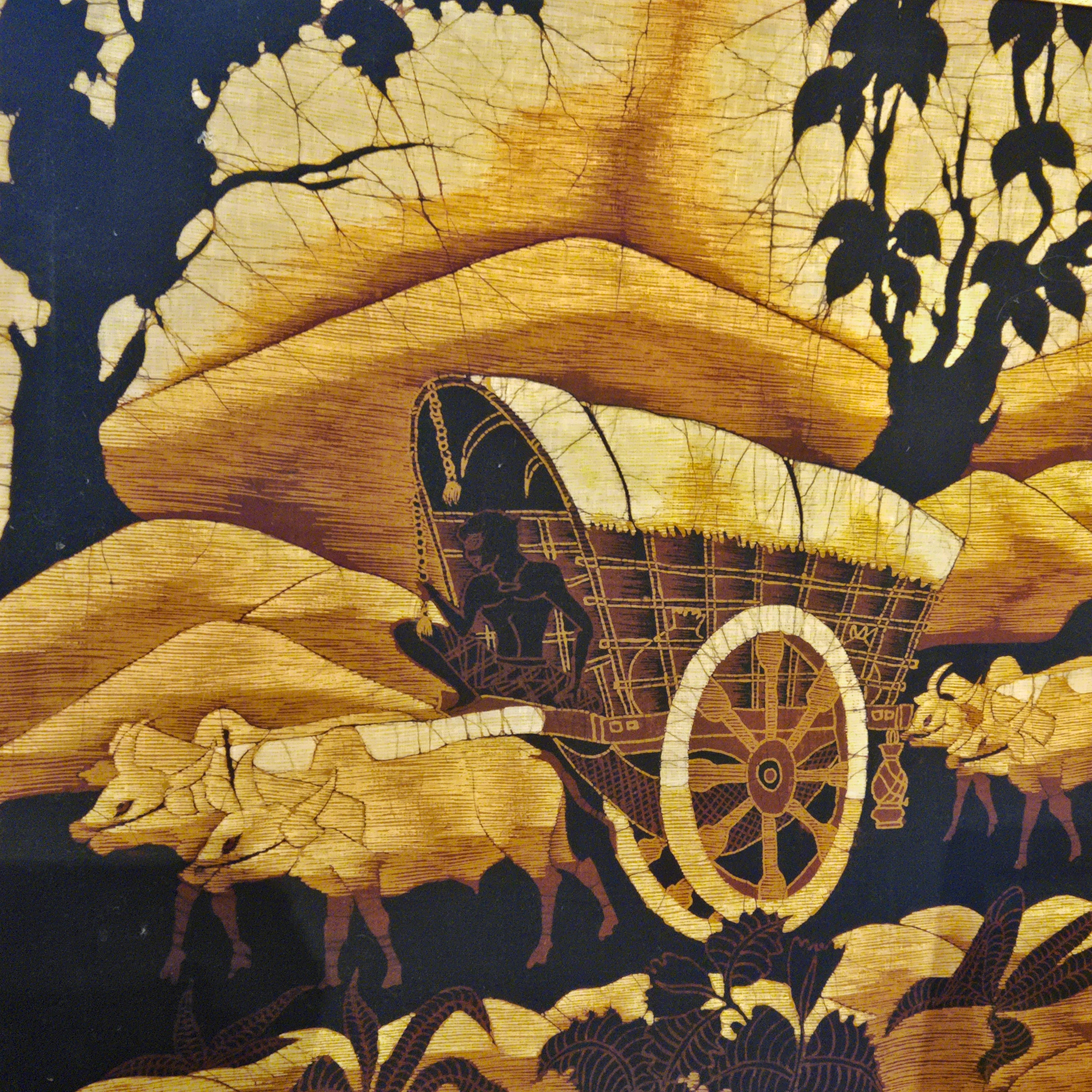 PASTORAL SCENE WITH OXCARTS AND RAFTS BY UNKNOWN BATIK ARTIST