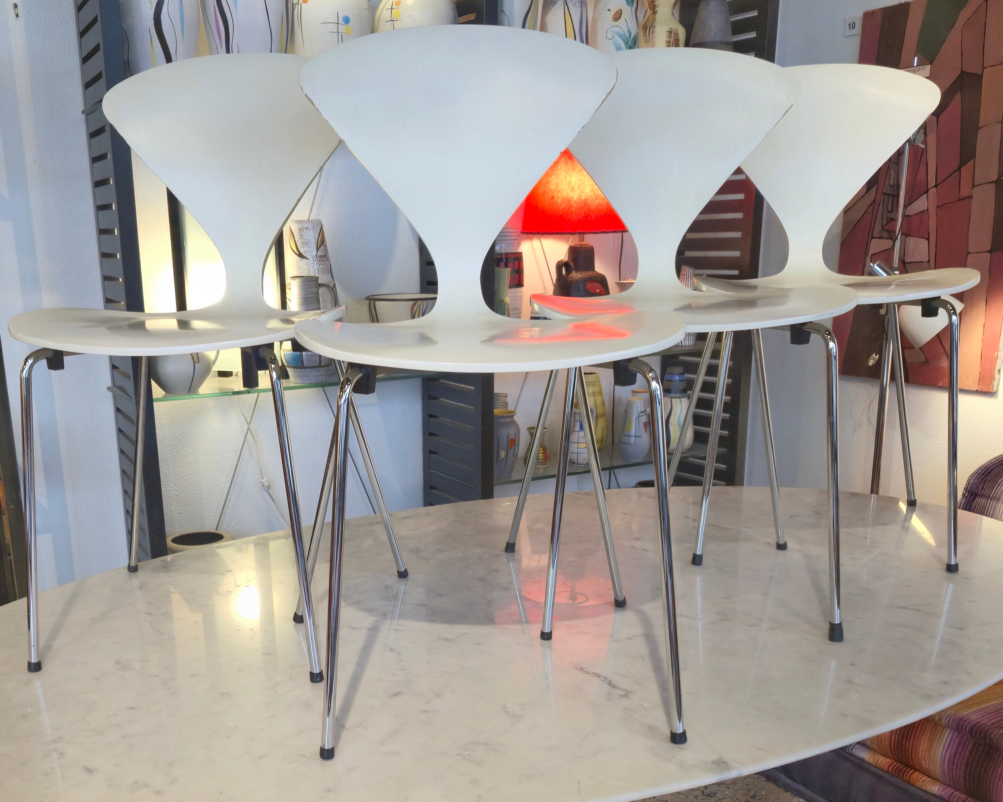 SET OF FOUR WHITE LACQUER STACKING CHAIRS BY NORMAN CHERNER