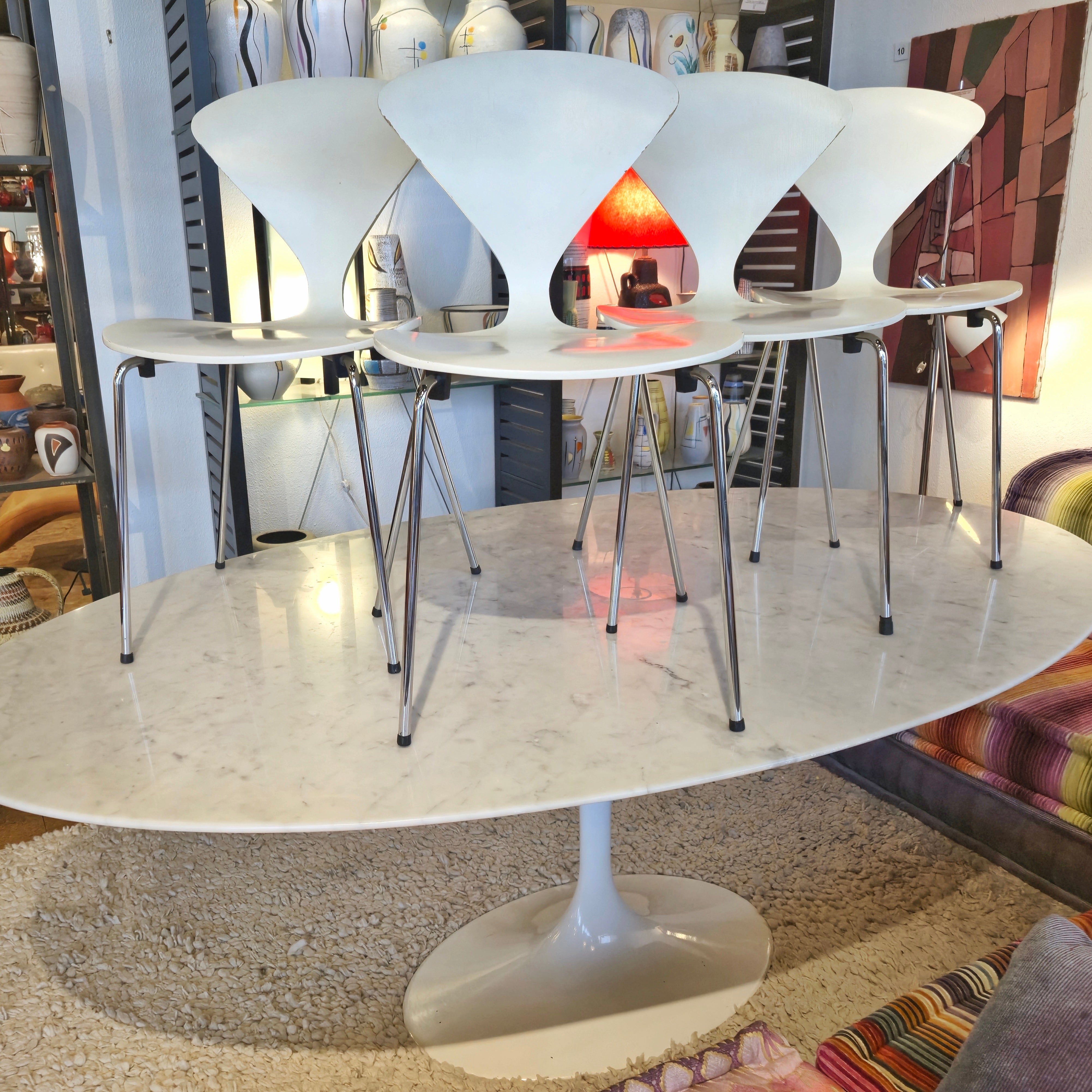SET OF FOUR WHITE LACQUER STACKING CHAIRS BY NORMAN CHERNER