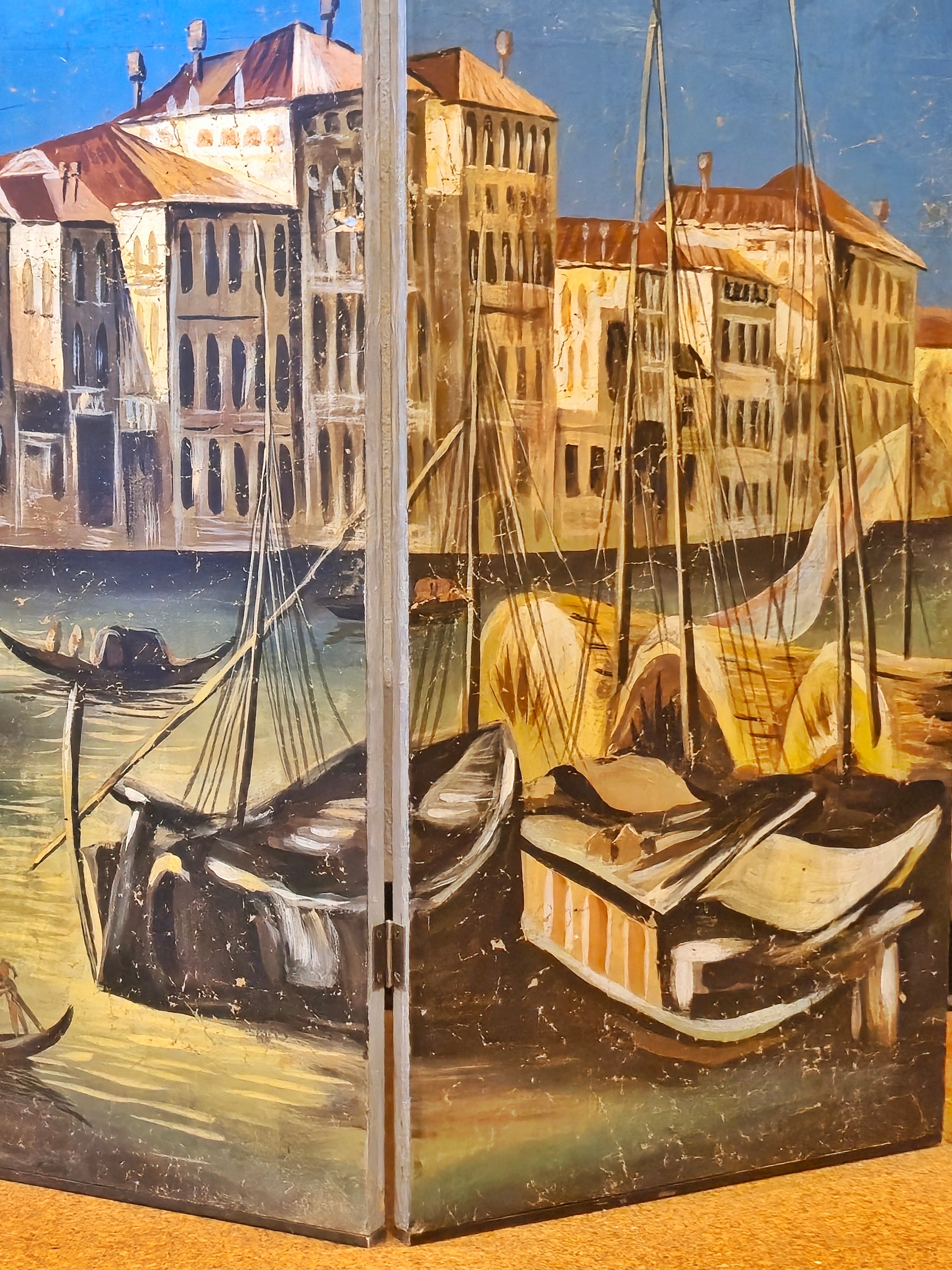 VINTAGE HAND-PAINTED FOUR-PANEL “PORT OF VENICE” FOLDING SCREEN