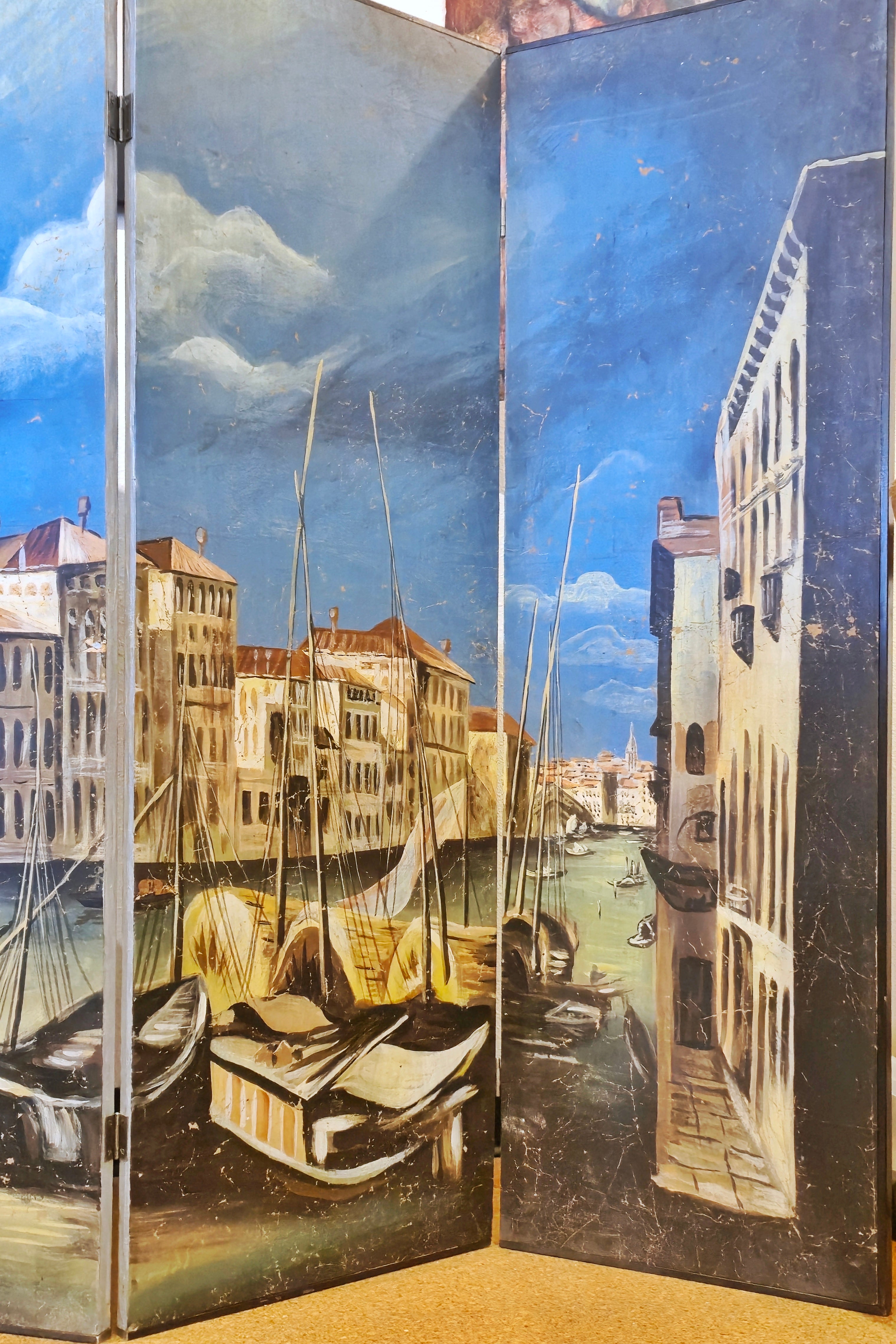 VINTAGE HAND-PAINTED FOUR-PANEL “PORT OF VENICE” FOLDING SCREEN