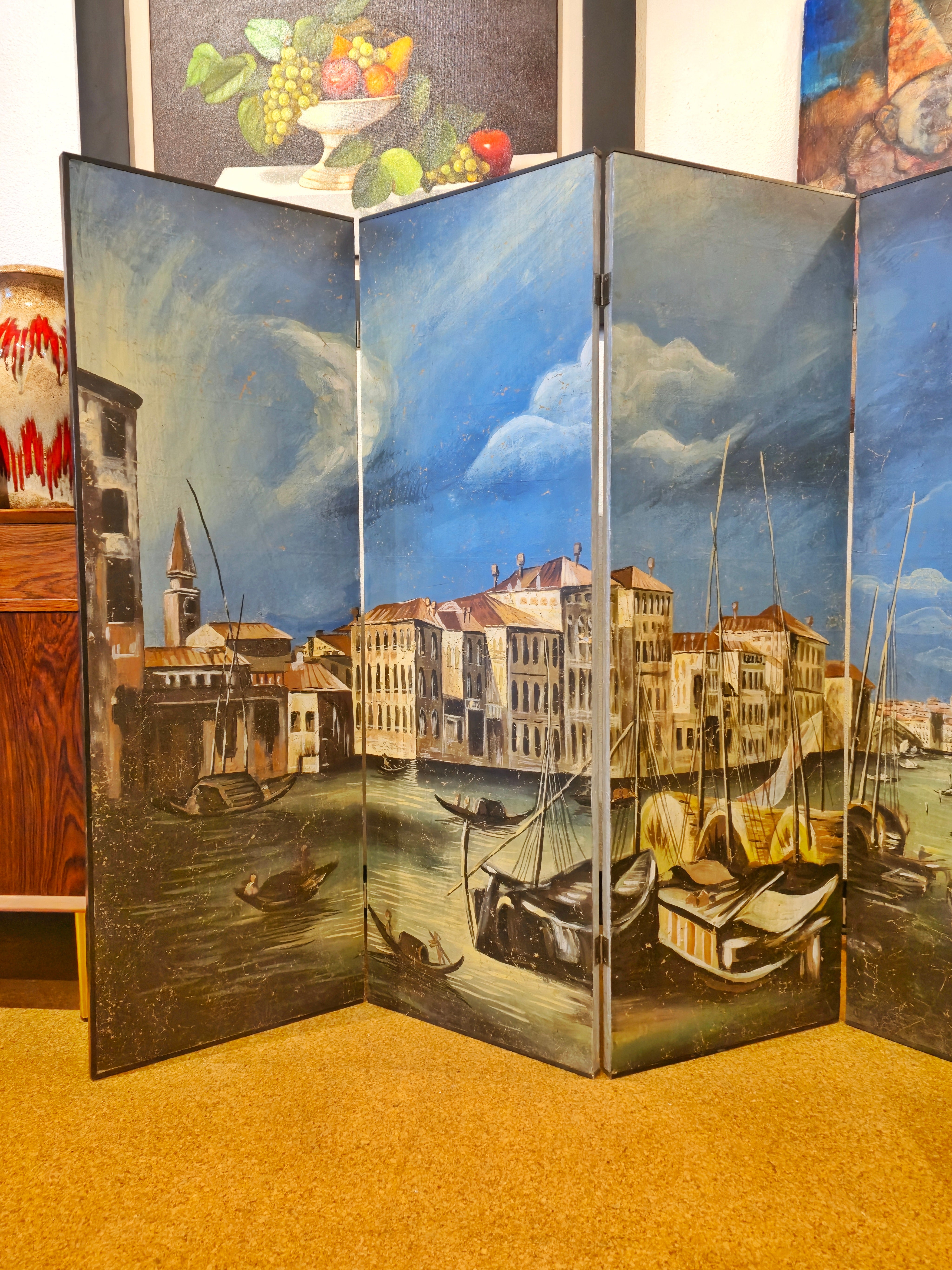 VINTAGE HAND-PAINTED FOUR-PANEL “PORT OF VENICE” FOLDING SCREEN