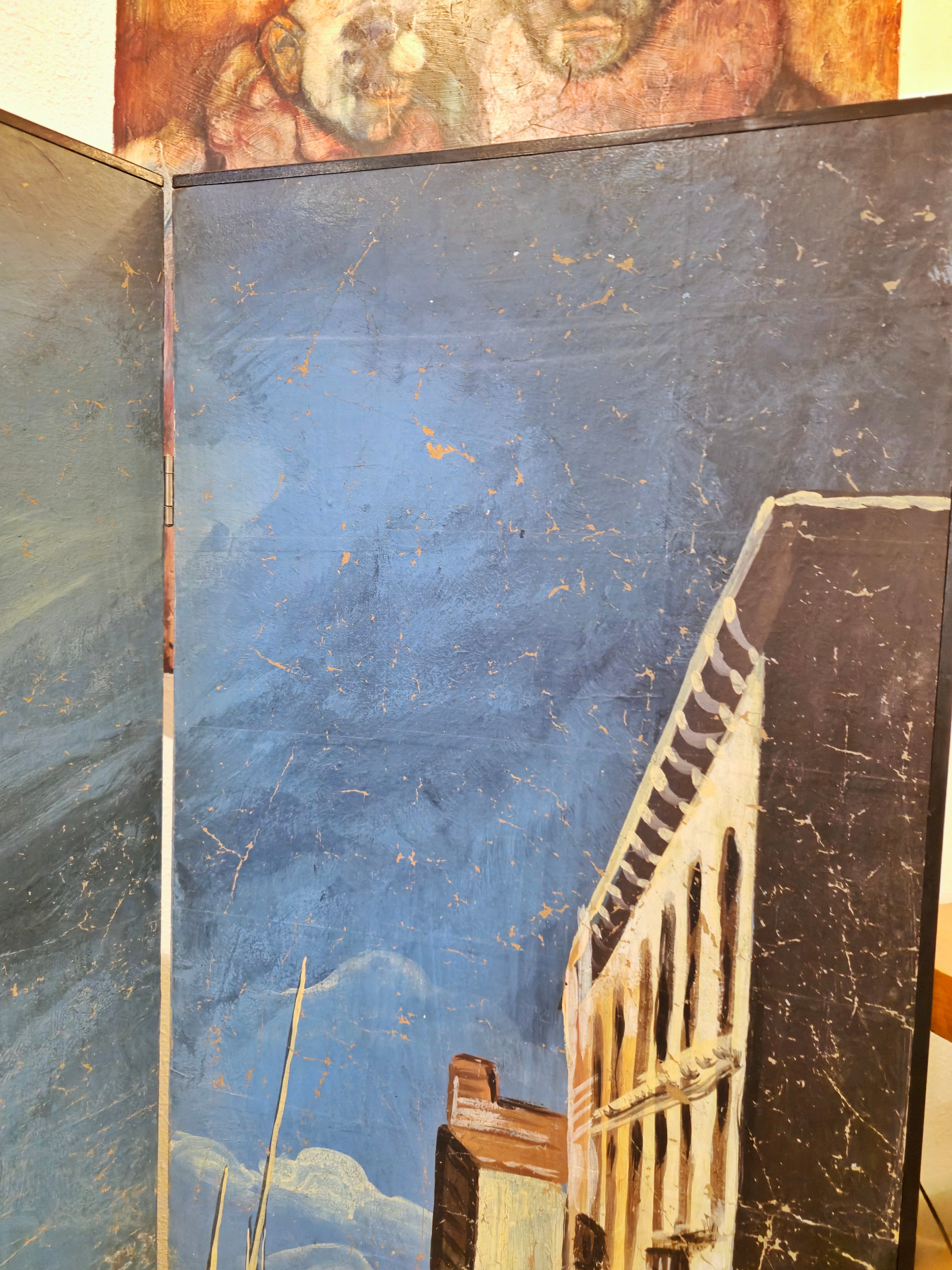 VINTAGE HAND-PAINTED FOUR-PANEL “PORT OF VENICE” FOLDING SCREEN