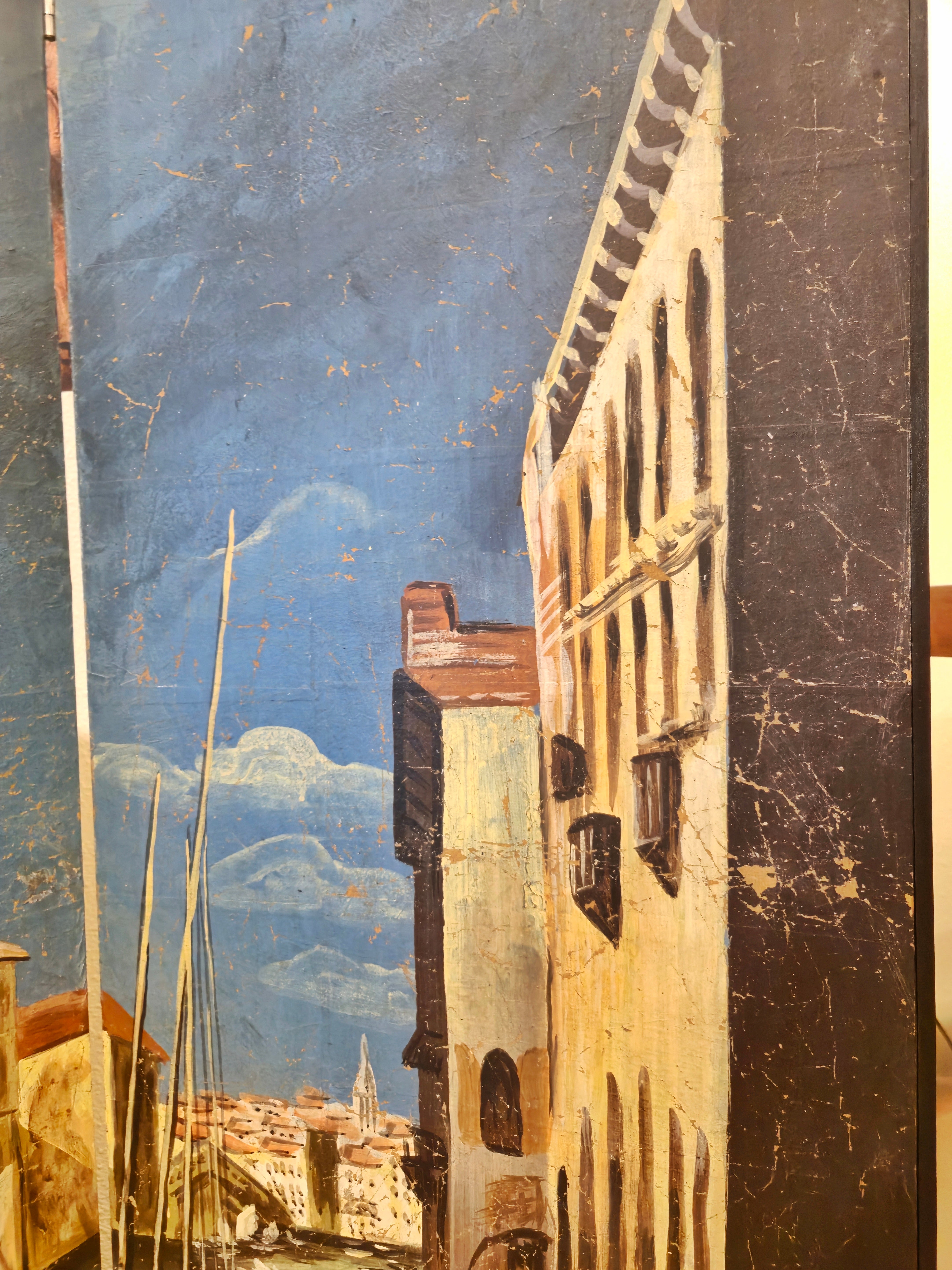 VINTAGE HAND-PAINTED FOUR-PANEL “PORT OF VENICE” FOLDING SCREEN