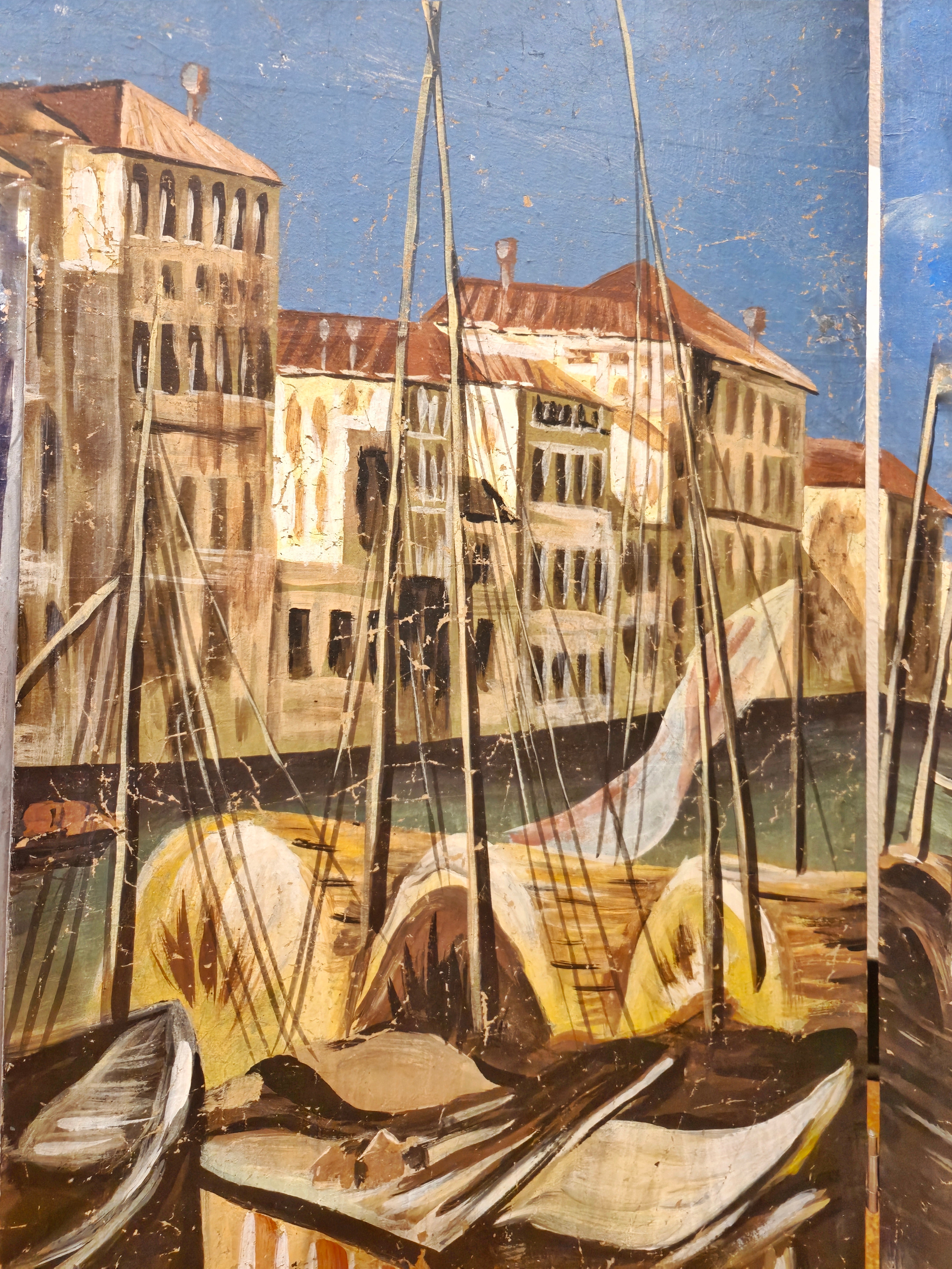 VINTAGE HAND-PAINTED FOUR-PANEL “PORT OF VENICE” FOLDING SCREEN