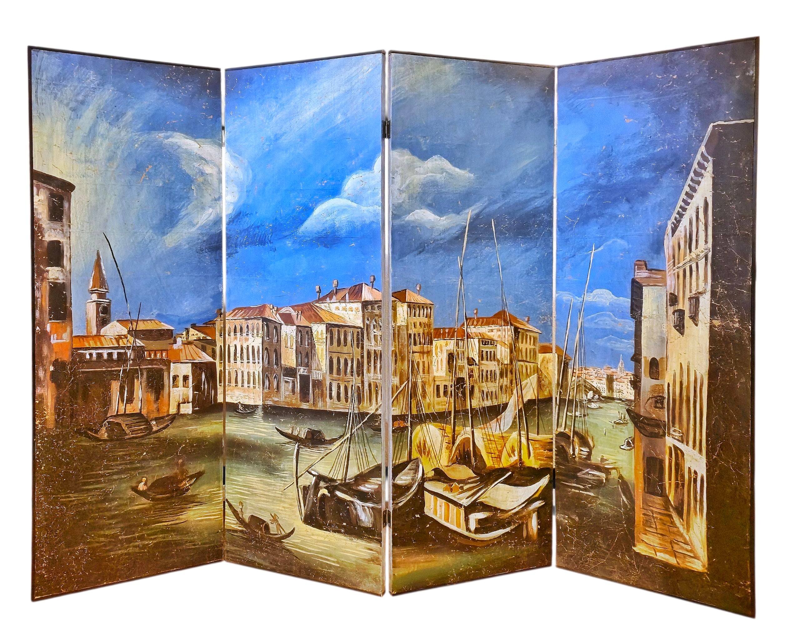 VINTAGE HAND-PAINTED FOUR-PANEL “PORT OF VENICE” FOLDING SCREEN