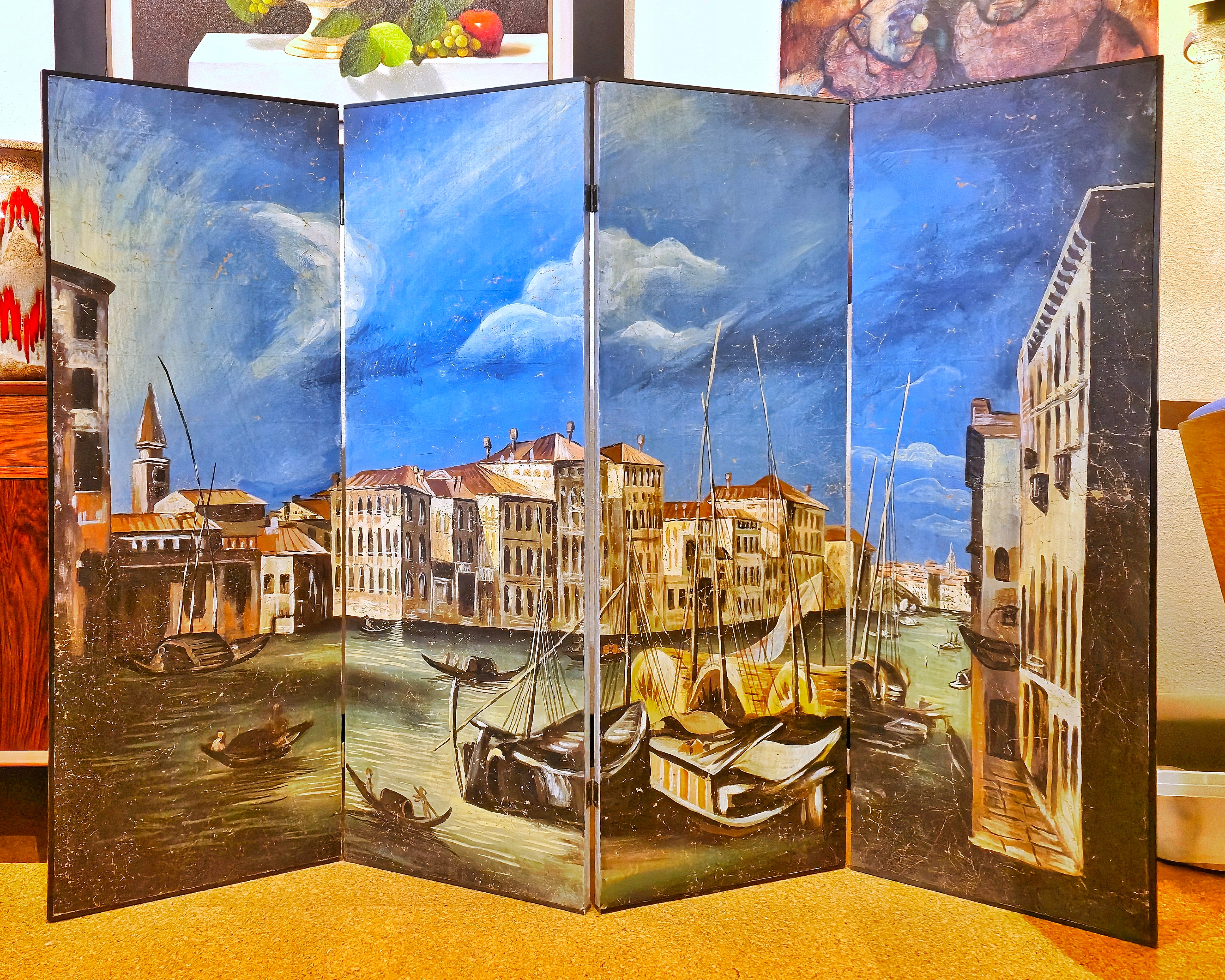VINTAGE HAND-PAINTED FOUR-PANEL “PORT OF VENICE” FOLDING SCREEN