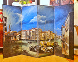 VINTAGE HAND-PAINTED FOUR-PANEL “PORT OF VENICE” FOLDING SCREEN