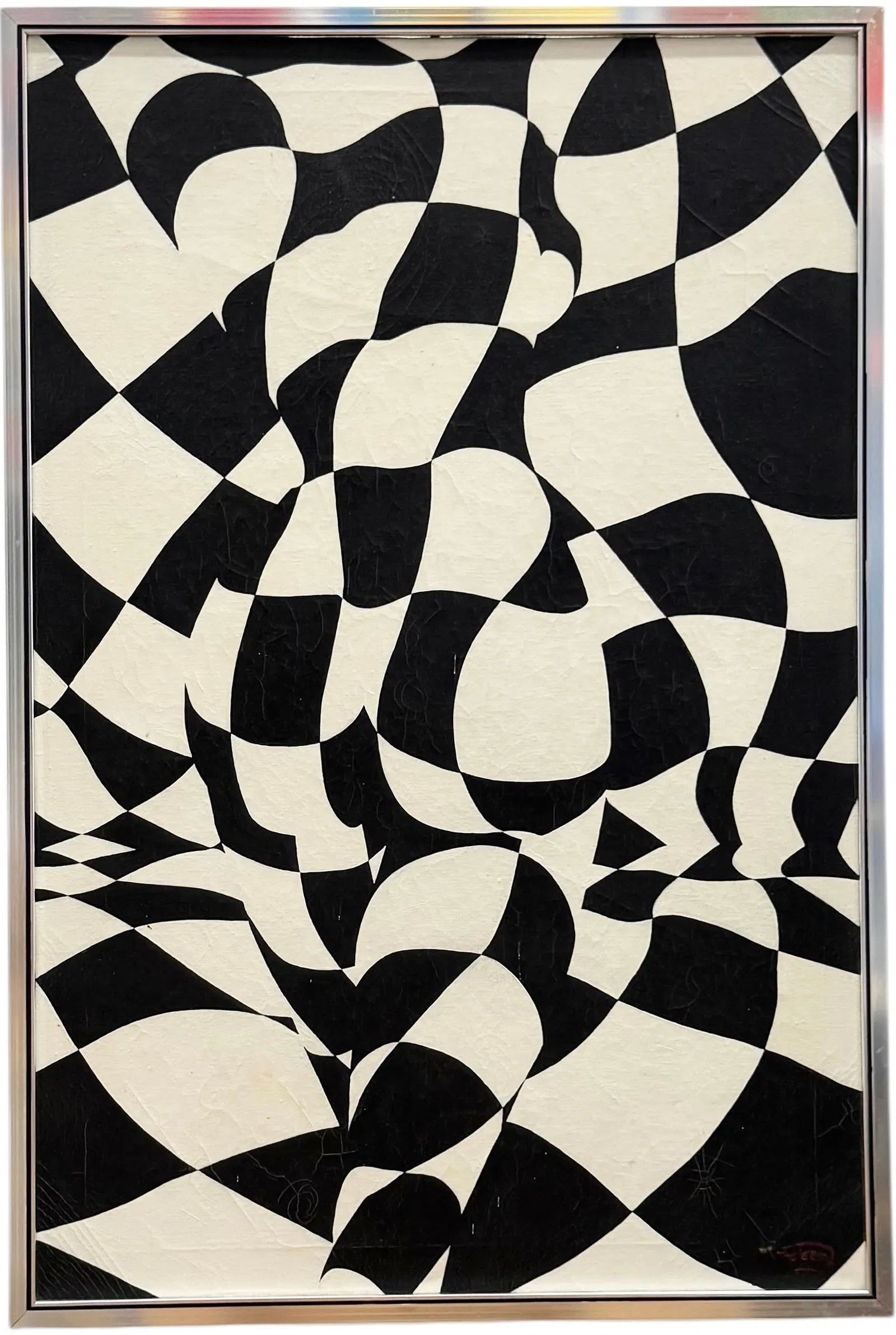 SIGNED BLACK & WHITE OIL-ON-CANVAS OP ART NUDE