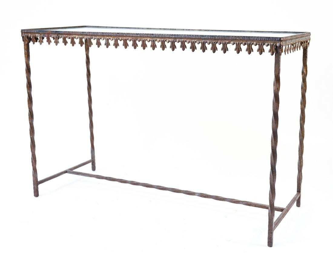 DISTRESSED ANTIQUE FRENCH ART NOUVEAU WROUGHT IRON AND GLASS CONSOLE TABLE