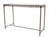 DISTRESSED ANTIQUE FRENCH ART NOUVEAU WROUGHT IRON AND GLASS CONSOLE TABLE