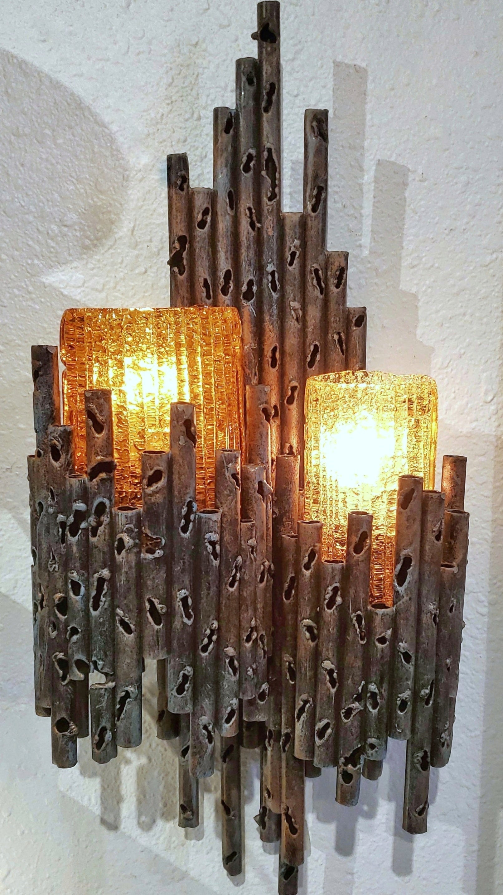 TORCH-CUT BRONZE SCONCE WITH AMBER MURANO GLASS SHADES BY AHLSTRÖM & EHRICH FOR A&E DESIGN