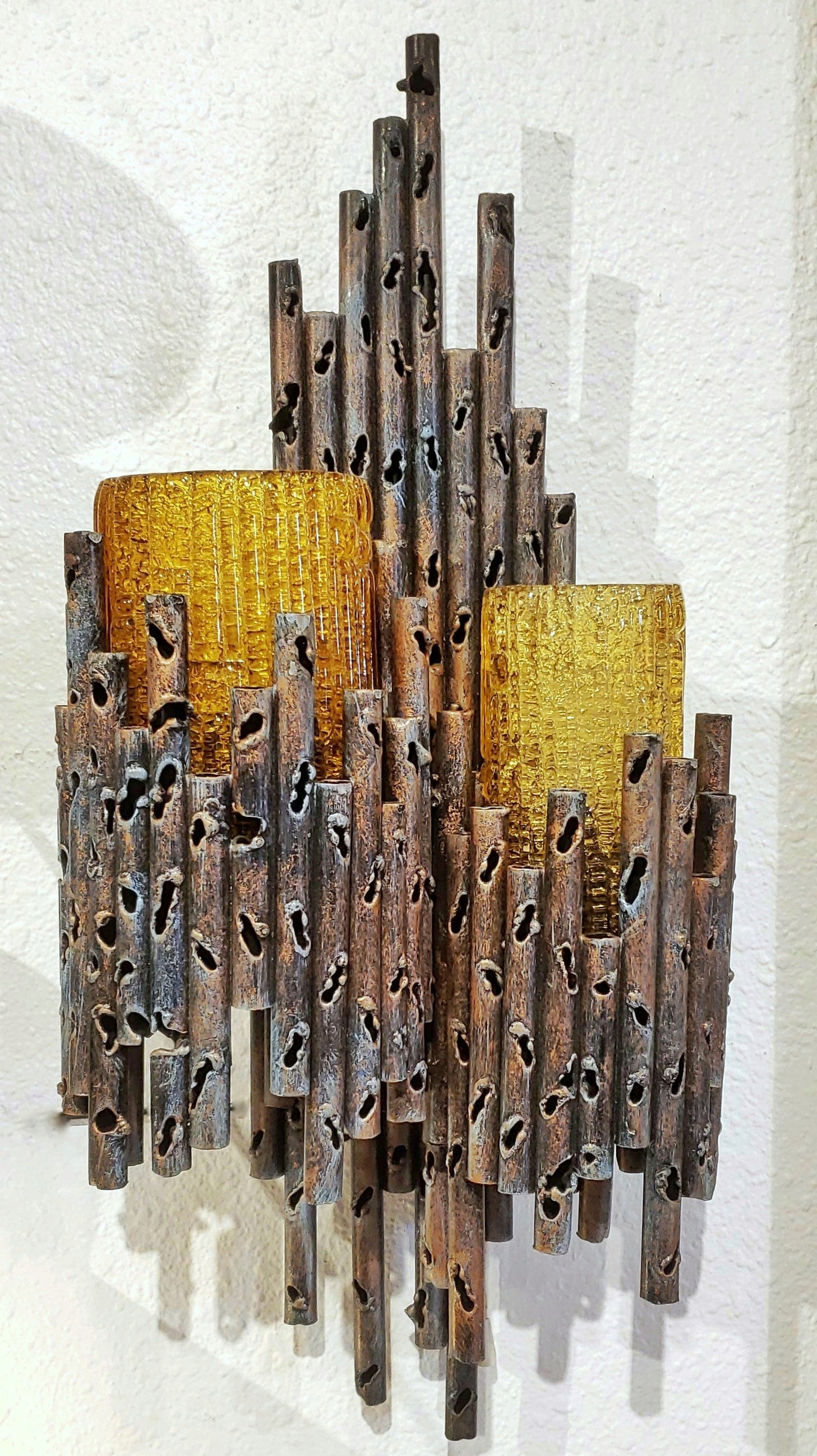 TORCH-CUT BRONZE SCONCE WITH AMBER MURANO GLASS SHADES BY AHLSTRÖM & EHRICH FOR A&E DESIGN