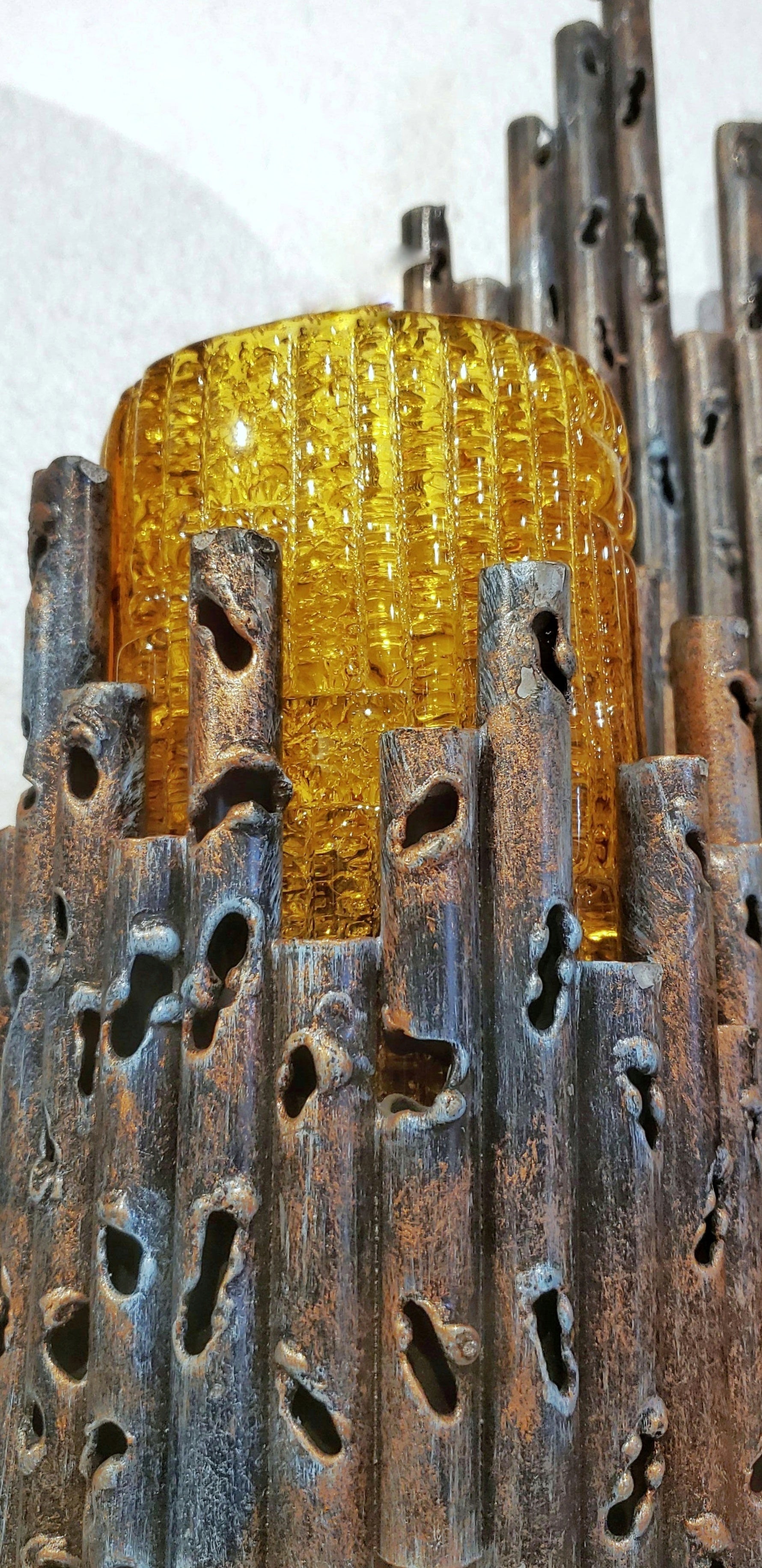 TORCH-CUT BRONZE SCONCE WITH AMBER MURANO GLASS SHADES BY AHLSTRÖM & EHRICH FOR A&E DESIGN
