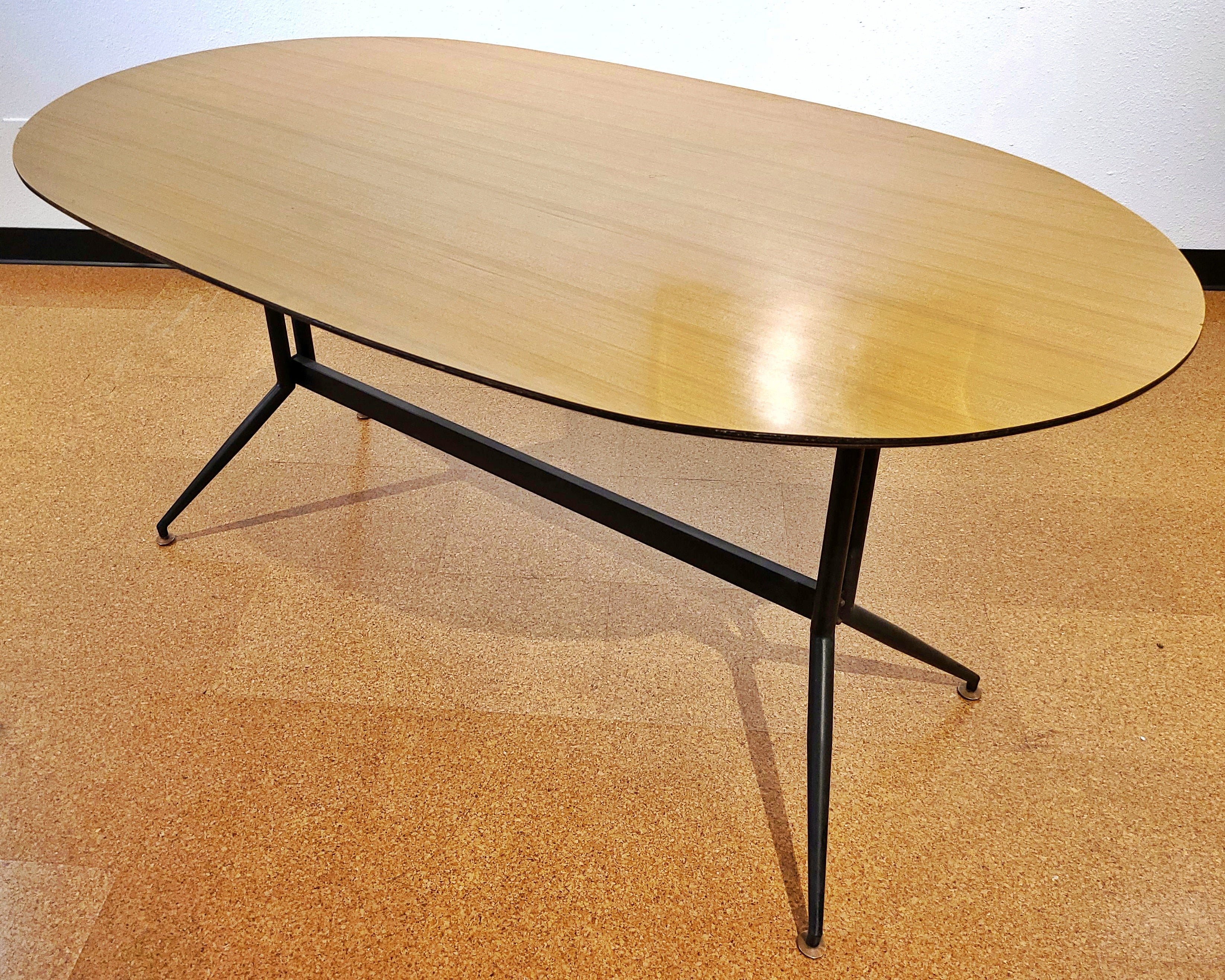 ITALIAN TRESTLE DINING TABLE OF TUBULAR STEEL AND LAMINATE ON PLYWOOD