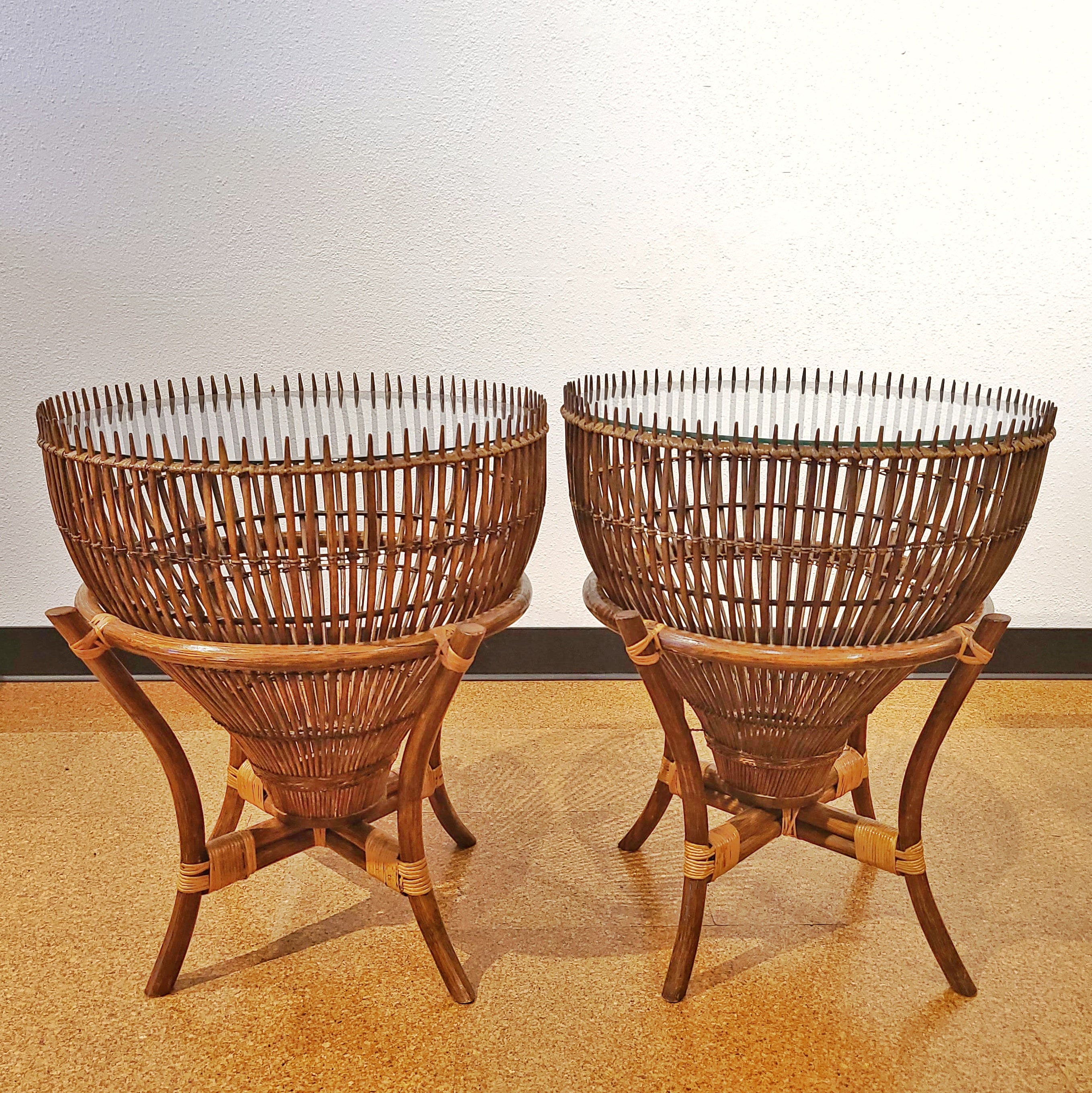 RATTAN AND GLASS “FISH-TRAP” SIDE TABLES IN THE STYLE OF FRANCO ALBINI