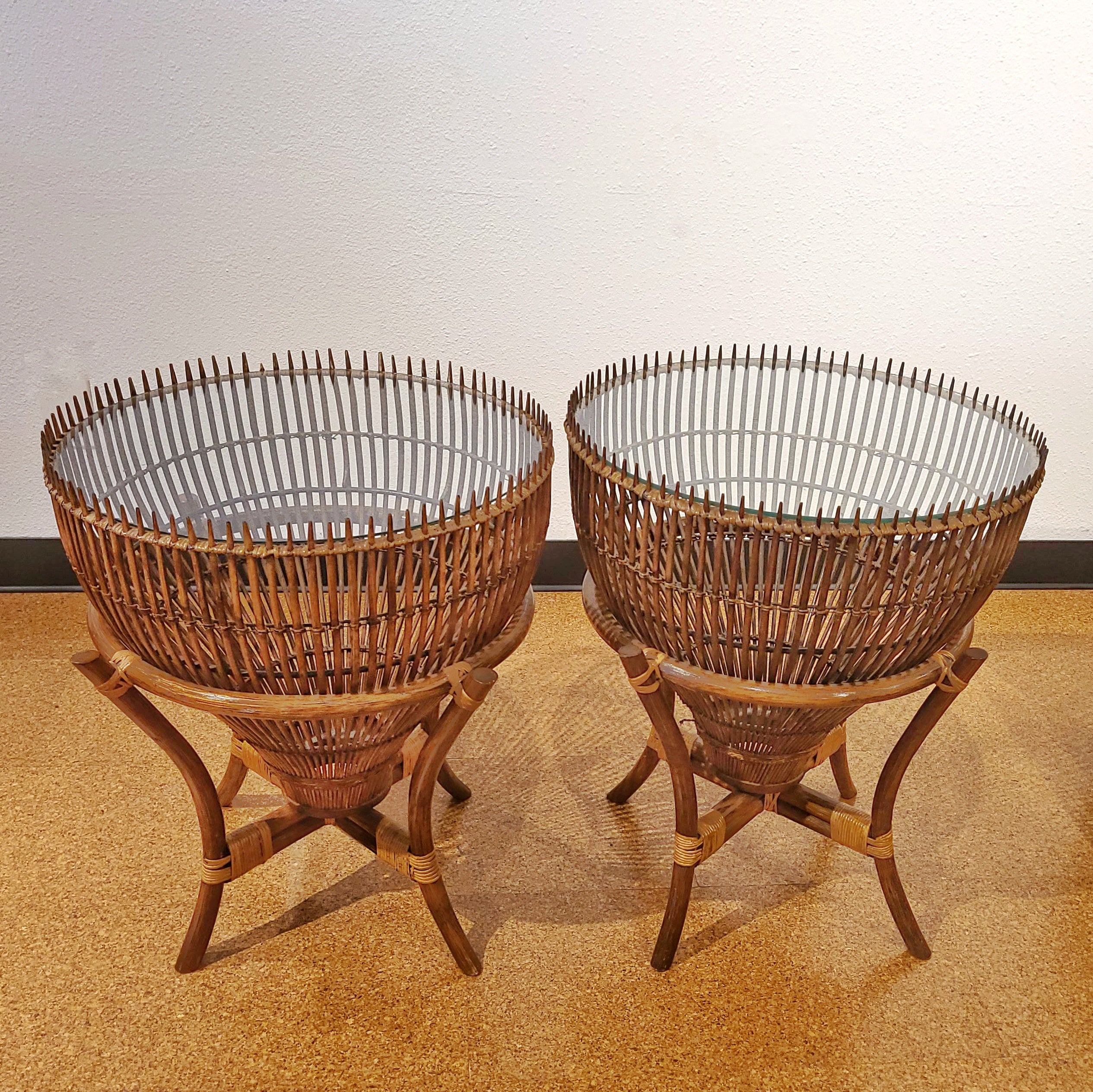 RATTAN AND GLASS “FISH-TRAP” SIDE TABLES IN THE STYLE OF FRANCO ALBINI