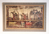 LARGE JULES DUFFART OIL ON CANVAS HARBOR SCENE PAINTING
