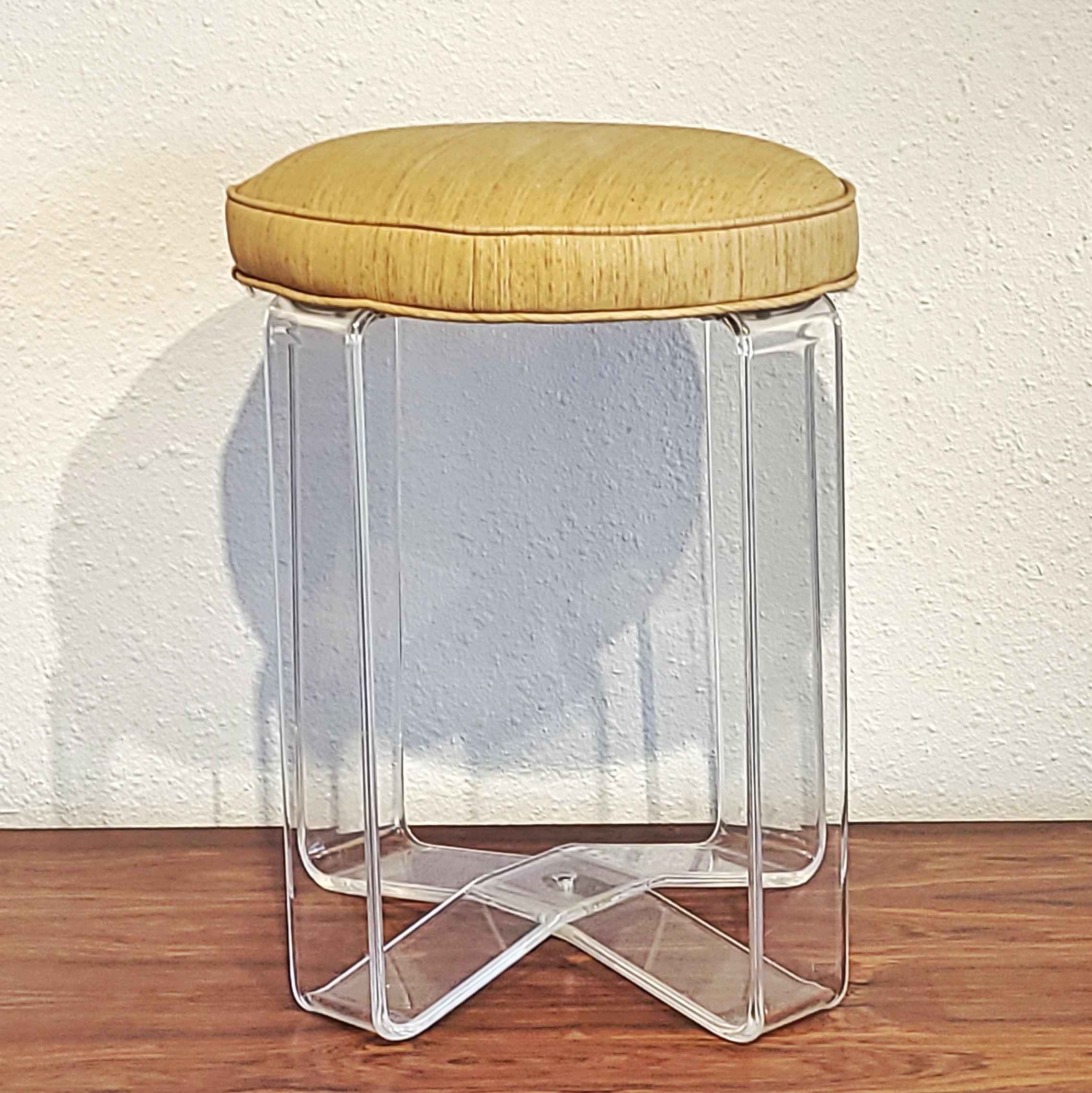 VINTAGE LUCITE STOOL WITH TEXTURED VINYL UPHOLSTERY