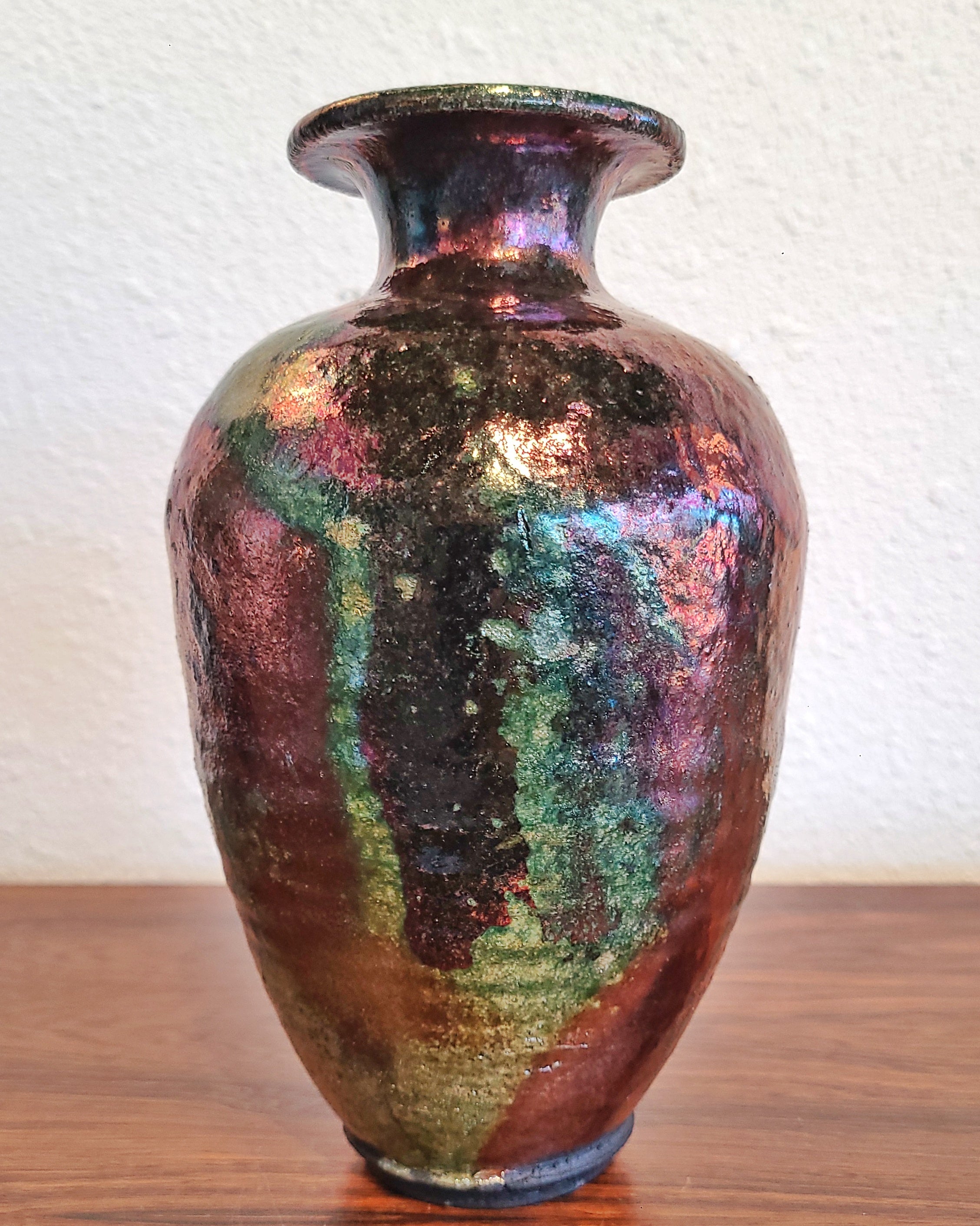 SIGNED IRIDESCENT RAKU-FIRED VASE (NOT WATERTIGHT)