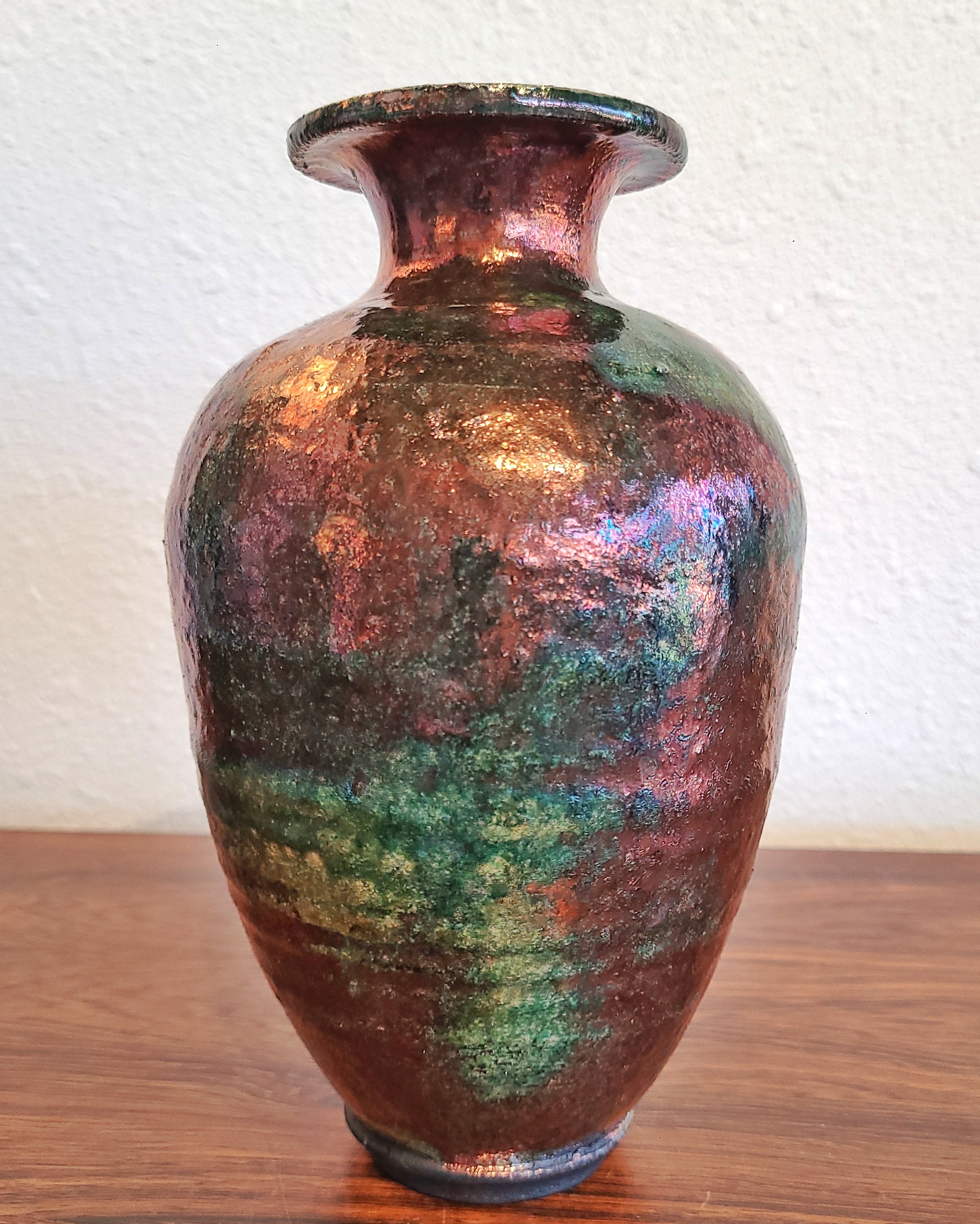 SIGNED IRIDESCENT RAKU-FIRED VASE (NOT WATERTIGHT)