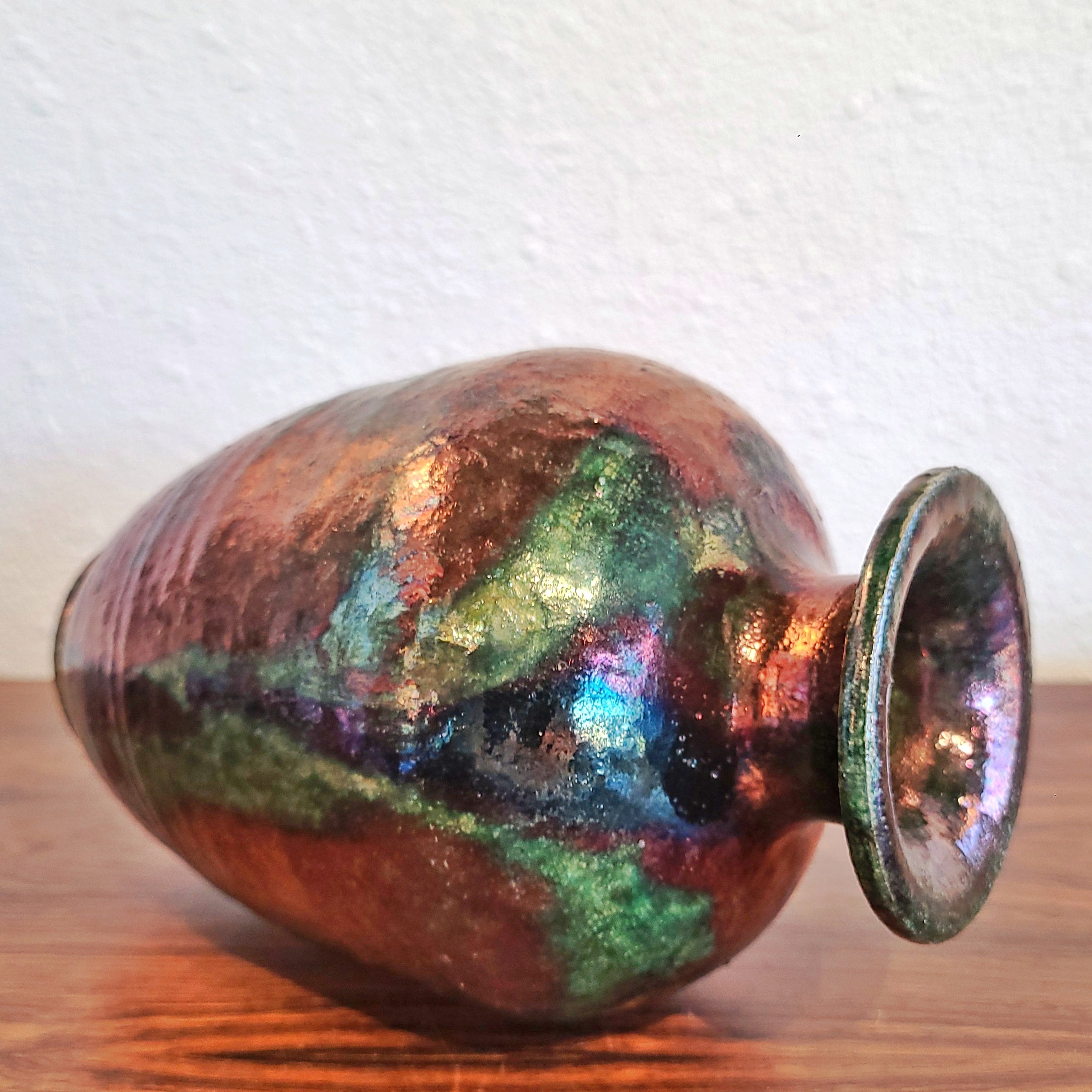SIGNED IRIDESCENT RAKU-FIRED VASE (NOT WATERTIGHT)