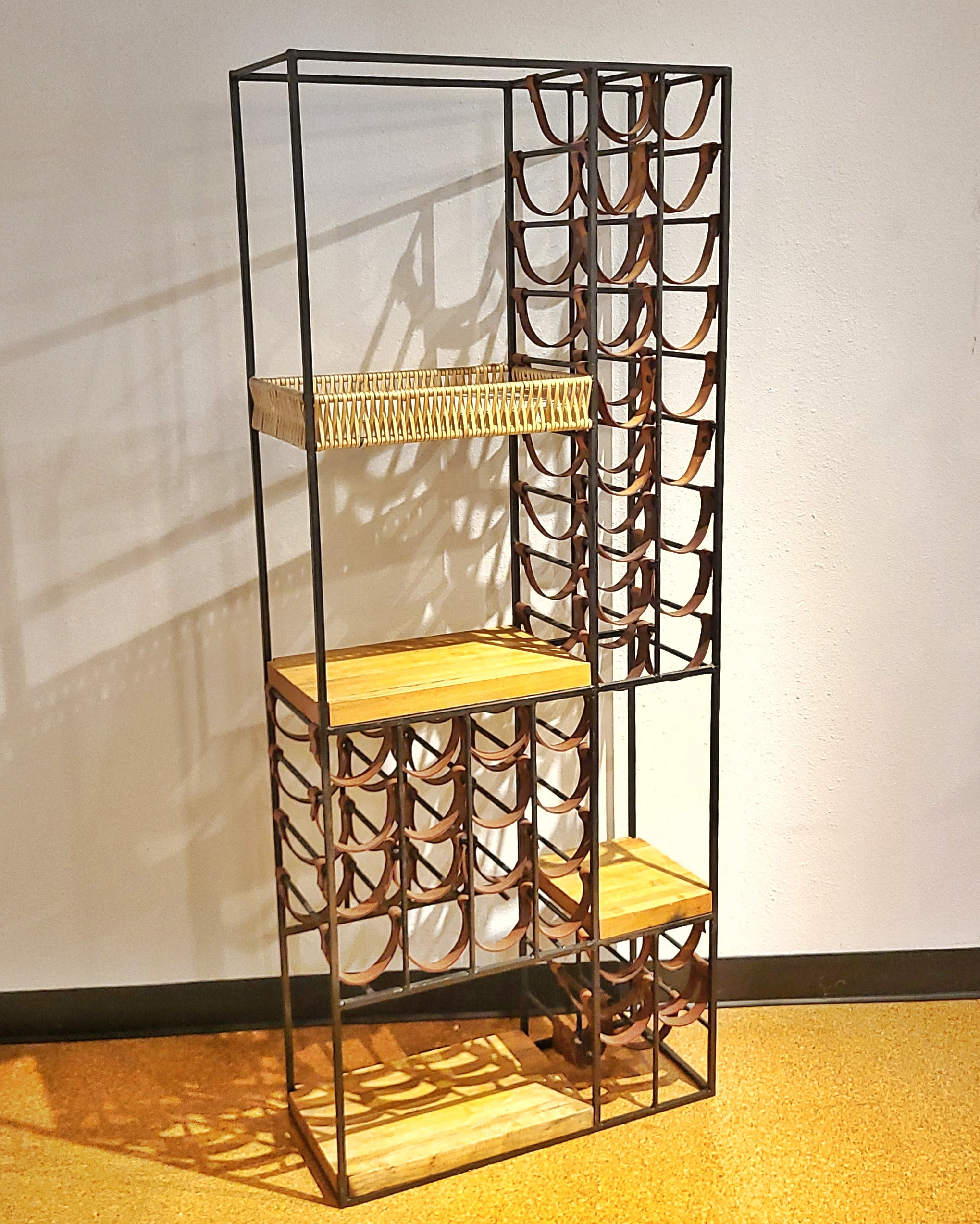 LARGE ARTHUR UMANOFF IRON AND LEATHER WINE RACK FOR SHAVER HOWARD