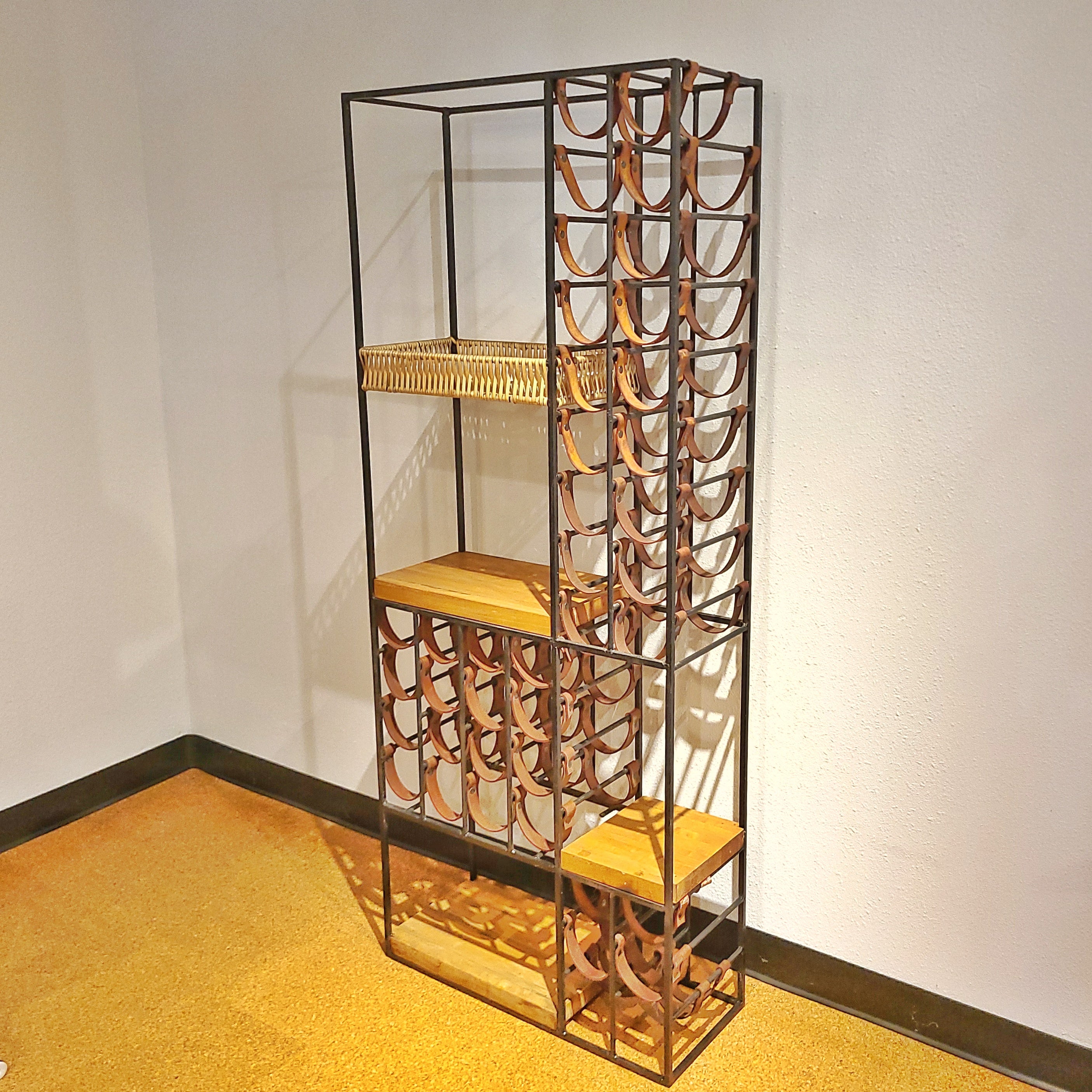 LARGE ARTHUR UMANOFF IRON AND LEATHER WINE RACK FOR SHAVER HOWARD