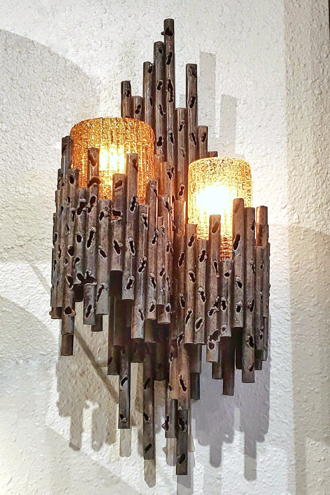 TORCH-CUT BRONZE SCONCE WITH AMBER MURANO GLASS SHADES BY AHLSTRÖM & EHRICH FOR A&E DESIGN