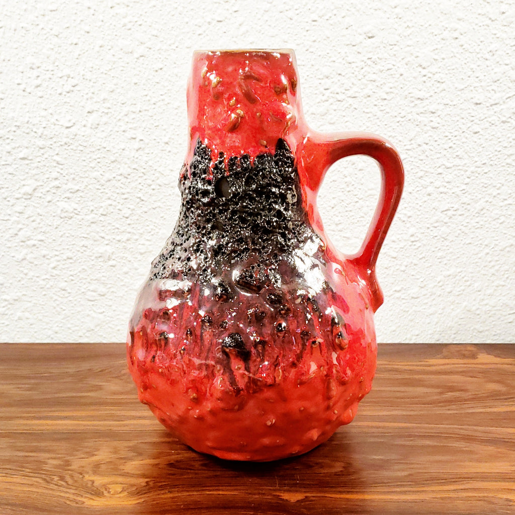 A Beautiful Kreutz Red Vase with newest thick black fat lava, Form Number 434, West Germany 1970.