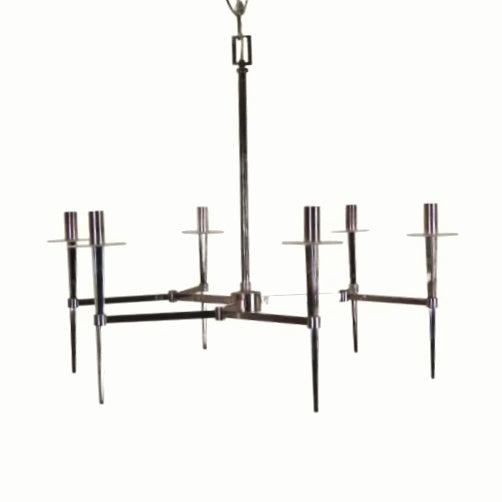 6-ARM CHROME CHANDELIER WITH FROSTED LUCITE BOBECHES