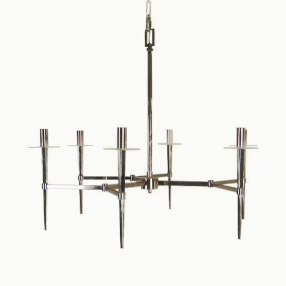 6-ARM CHROME CHANDELIER WITH FROSTED LUCITE BOBECHES