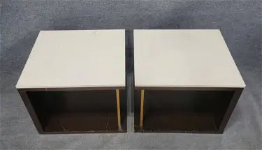 MODERNIST CANTILEVERED END TABLES OF SOLID WOOD, BRASS, AND STONE