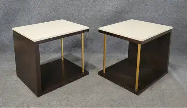 MODERNIST CANTILEVERED END TABLES OF SOLID WOOD, BRASS, AND STONE