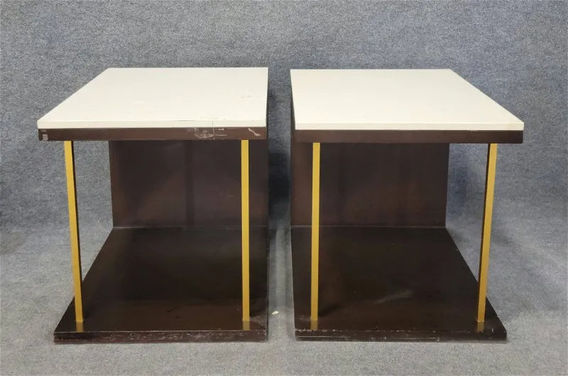 MODERNIST CANTILEVERED END TABLES OF SOLID WOOD, BRASS, AND STONE