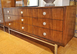 LOW WALNUT NINE-DRAWER DRESSER WITH LUCITE PULLS AND CHROME BASE
