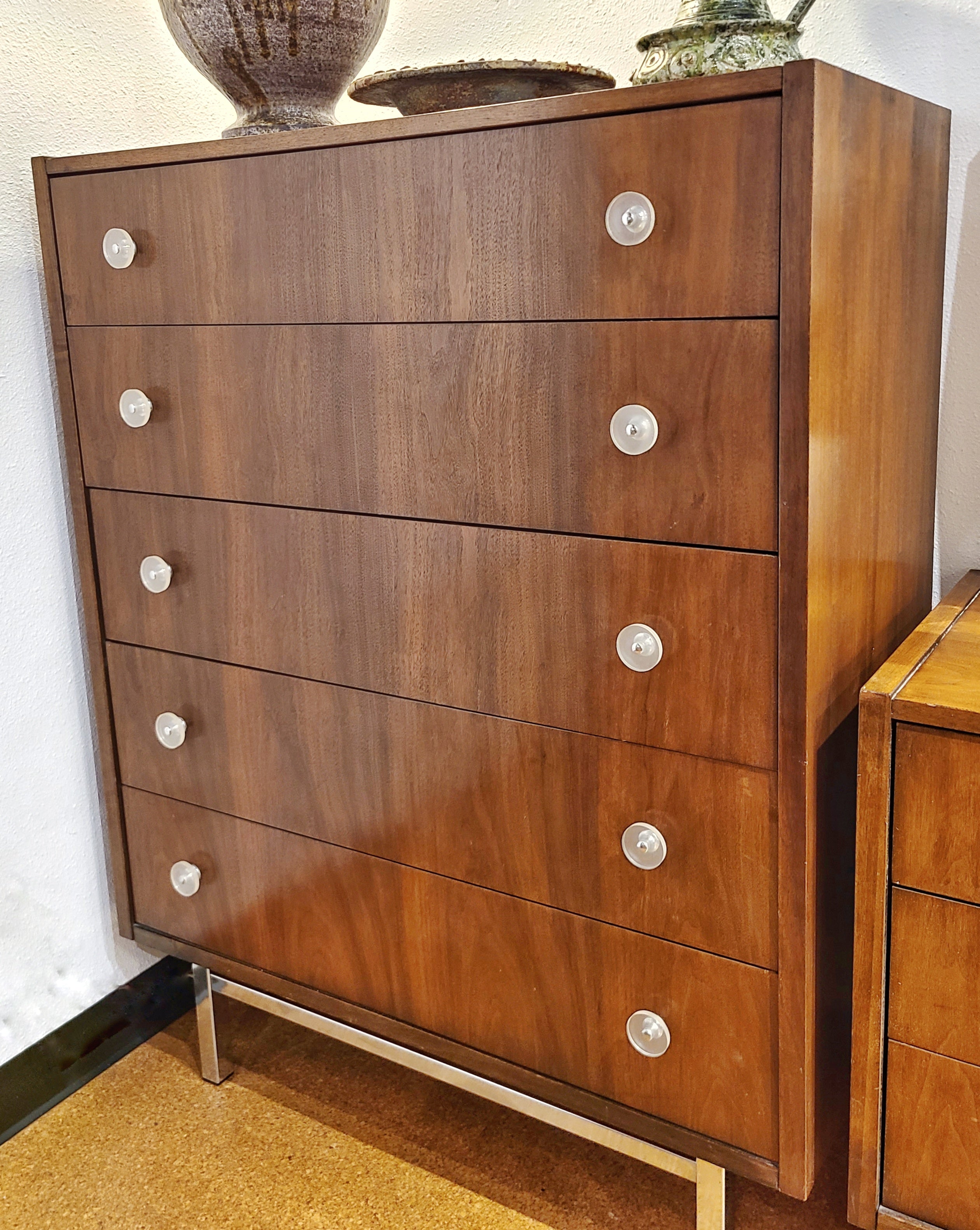 WALNUT FIVE-DRAWER HIGHBOY WITH LUCITE PULLS AND CHROME BASE