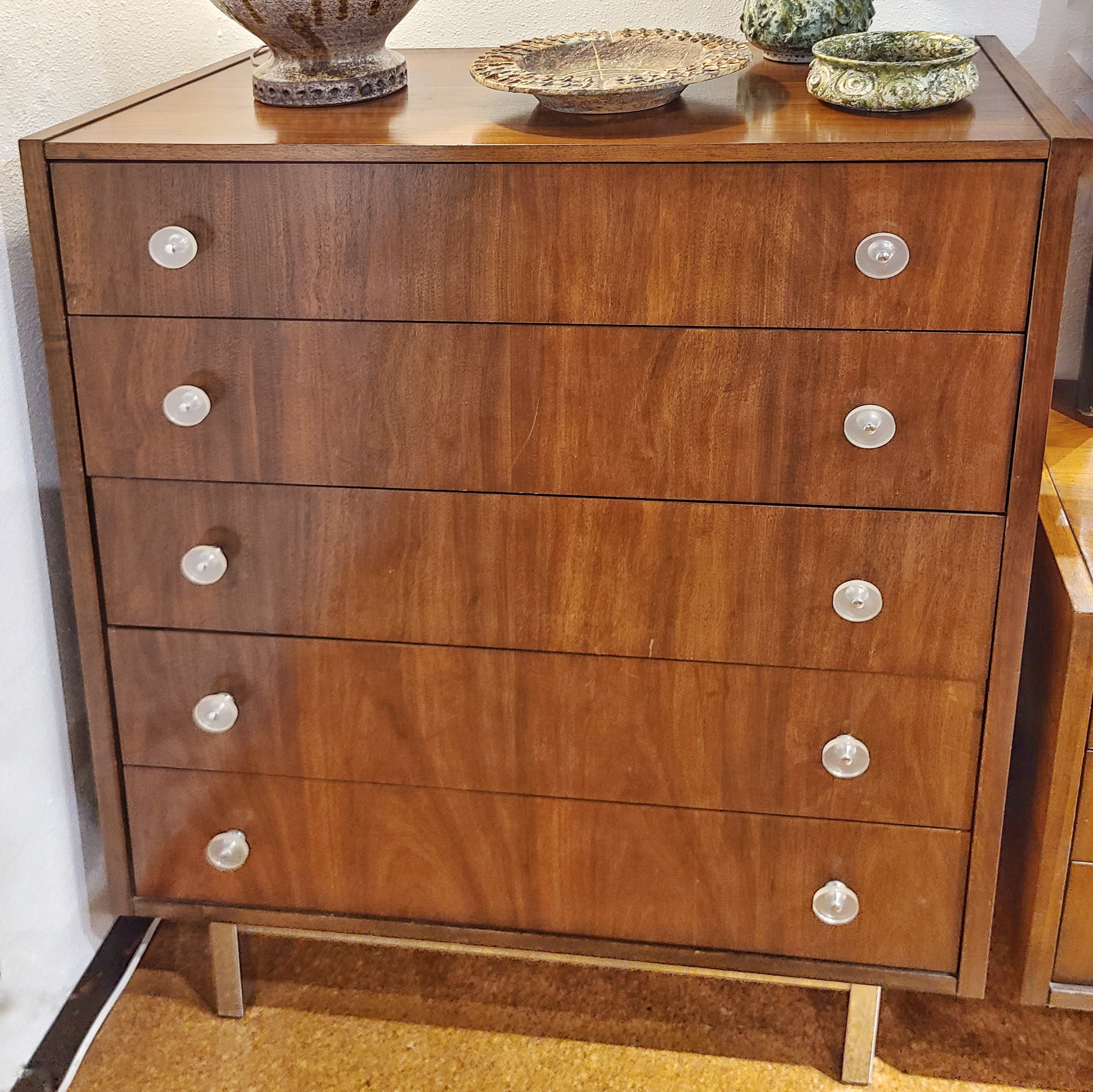 WALNUT FIVE-DRAWER HIGHBOY WITH LUCITE PULLS AND CHROME BASE