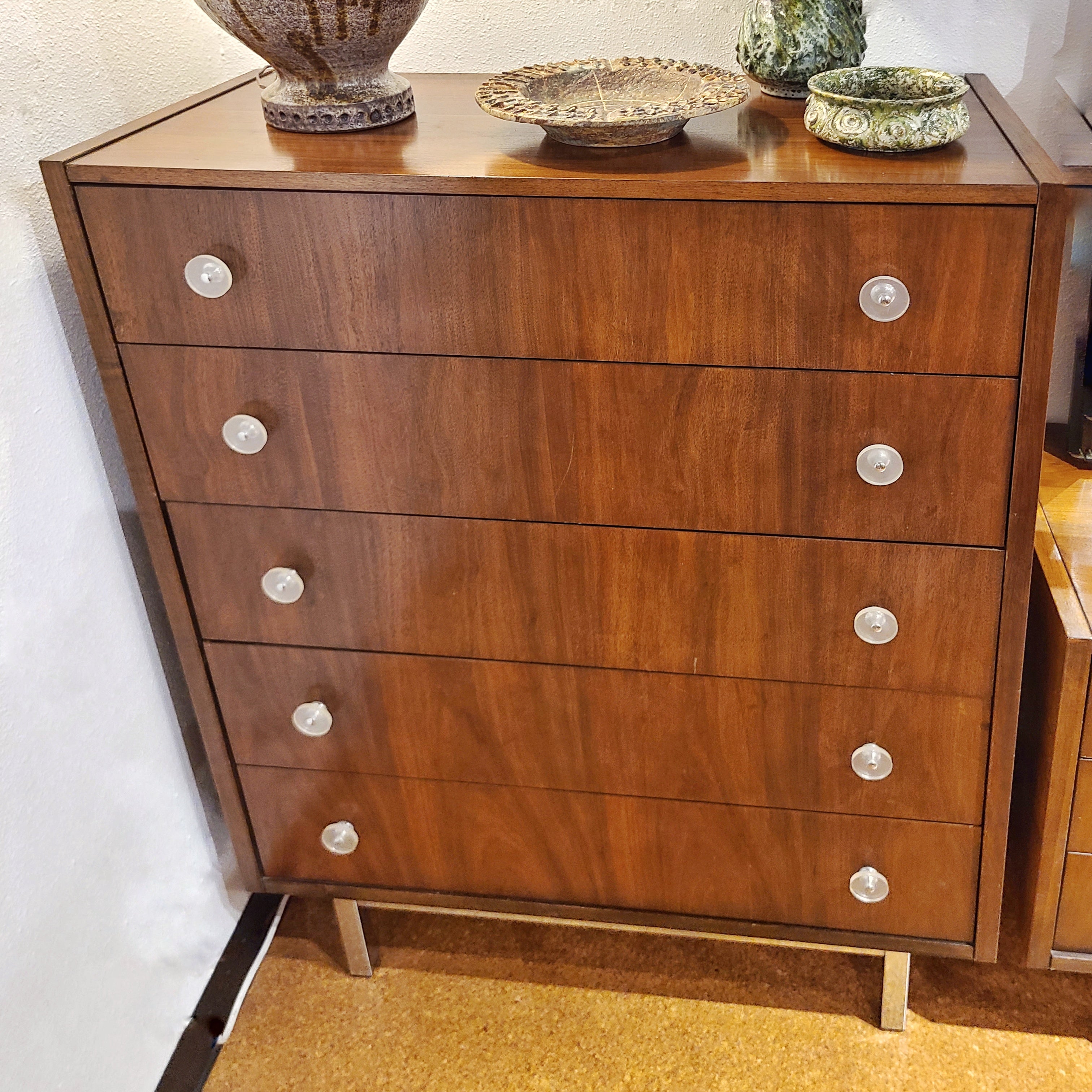 WALNUT FIVE-DRAWER HIGHBOY WITH LUCITE PULLS AND CHROME BASE