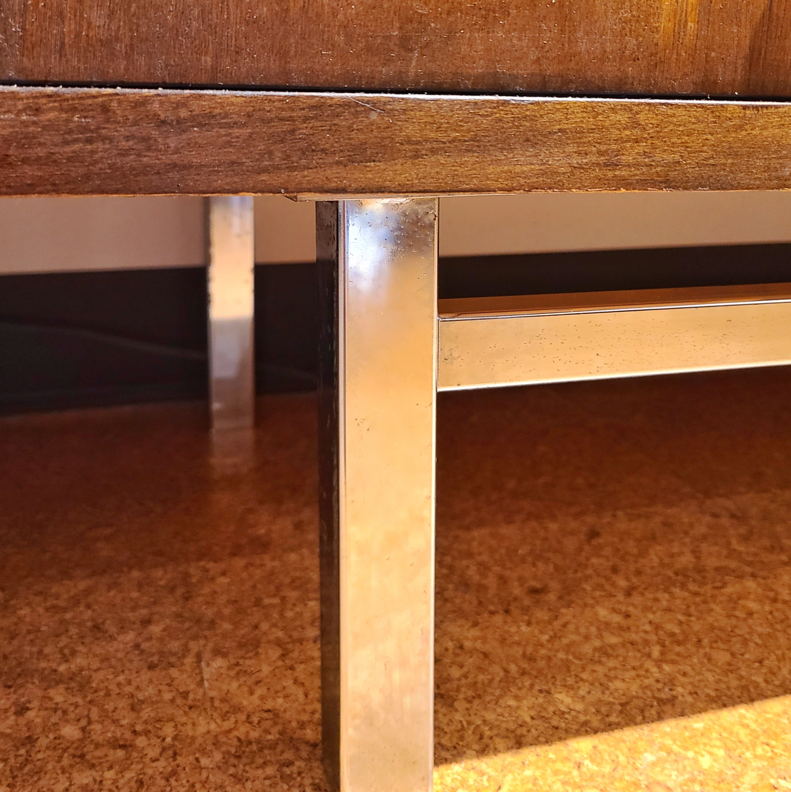 WALNUT FIVE-DRAWER HIGHBOY WITH LUCITE PULLS AND CHROME BASE