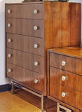 WALNUT FIVE-DRAWER HIGHBOY WITH LUCITE PULLS AND CHROME BASE