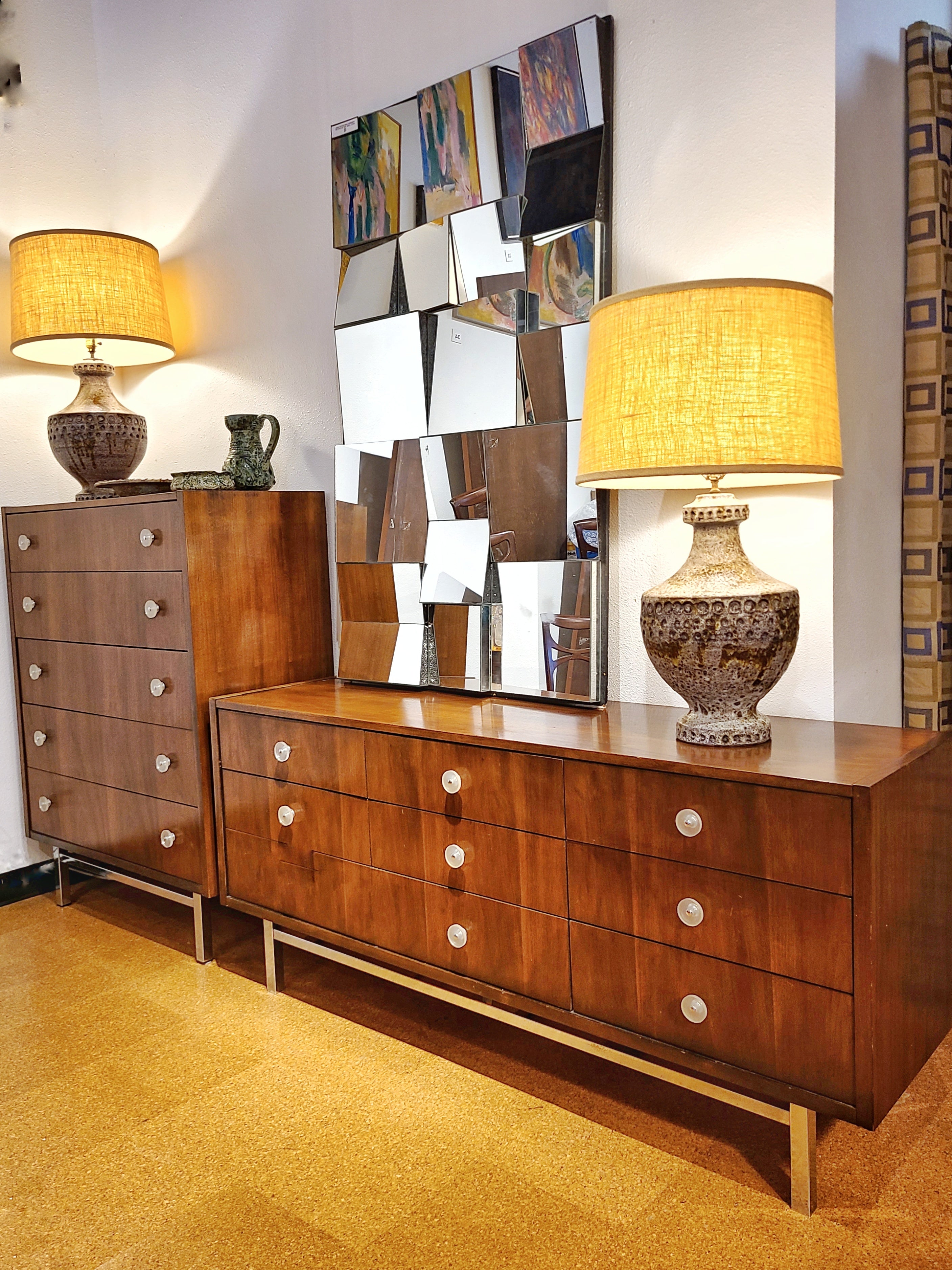 LOW WALNUT NINE-DRAWER DRESSER WITH LUCITE PULLS AND CHROME BASE